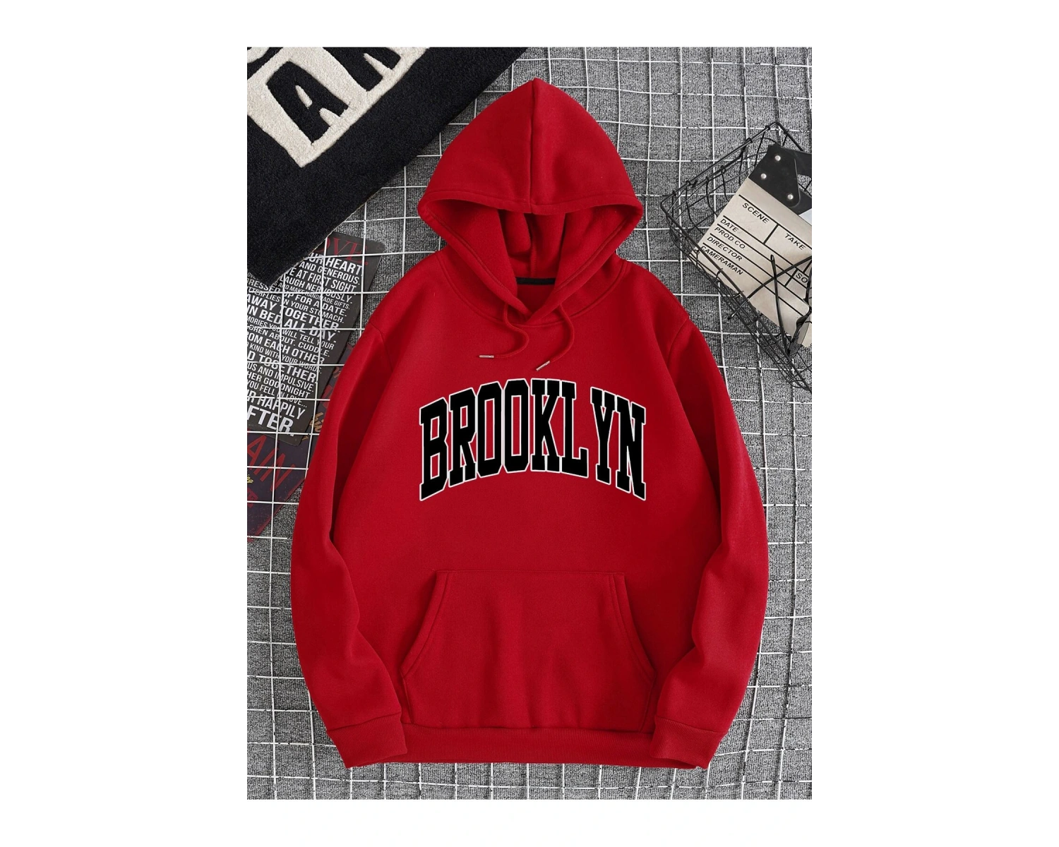 Letter Graphic Drawstring Kangaroo Pocket Hoodie Kırmızı