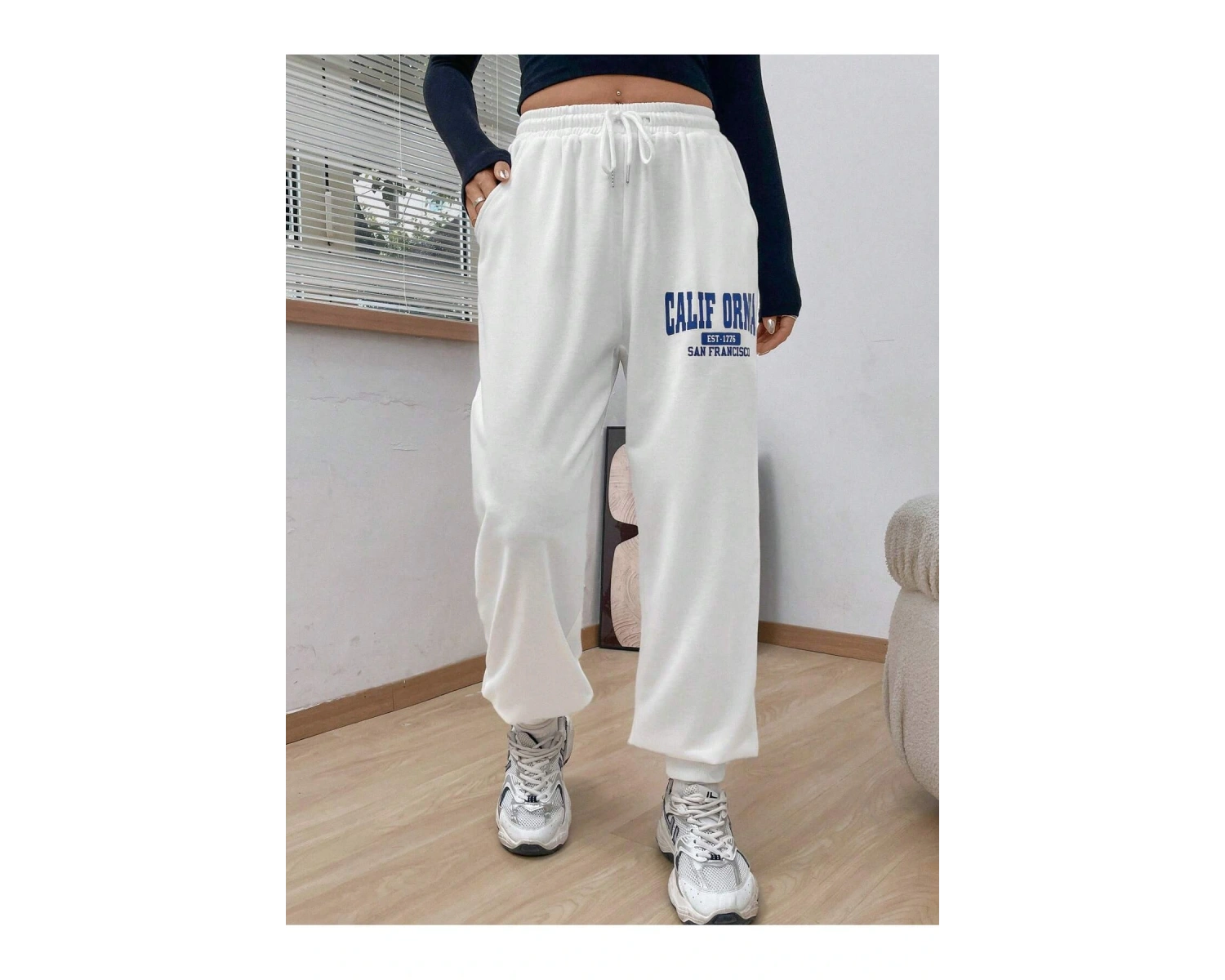 Letter Graphic Drawstring Waist Slant Pocket 4 Mevsim Eşofman