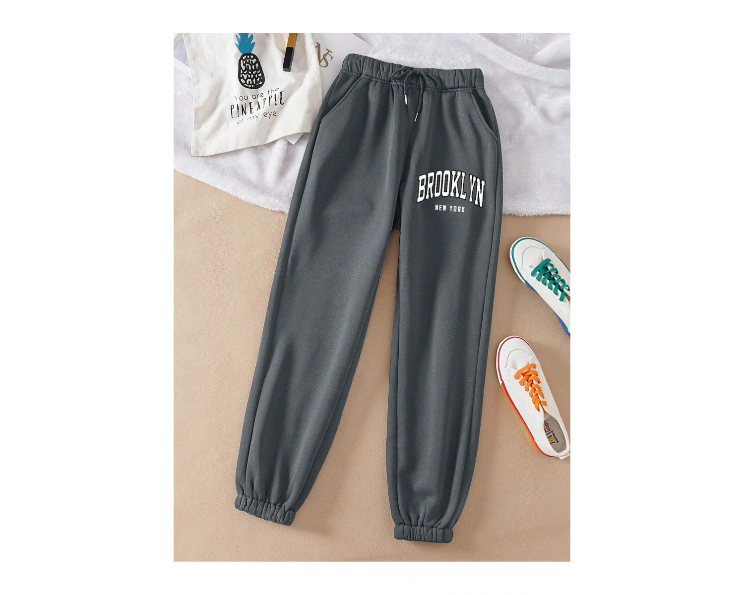 Letter Graphic Drawstring Waist Thermal Lined 4 Mevsim Eşofman