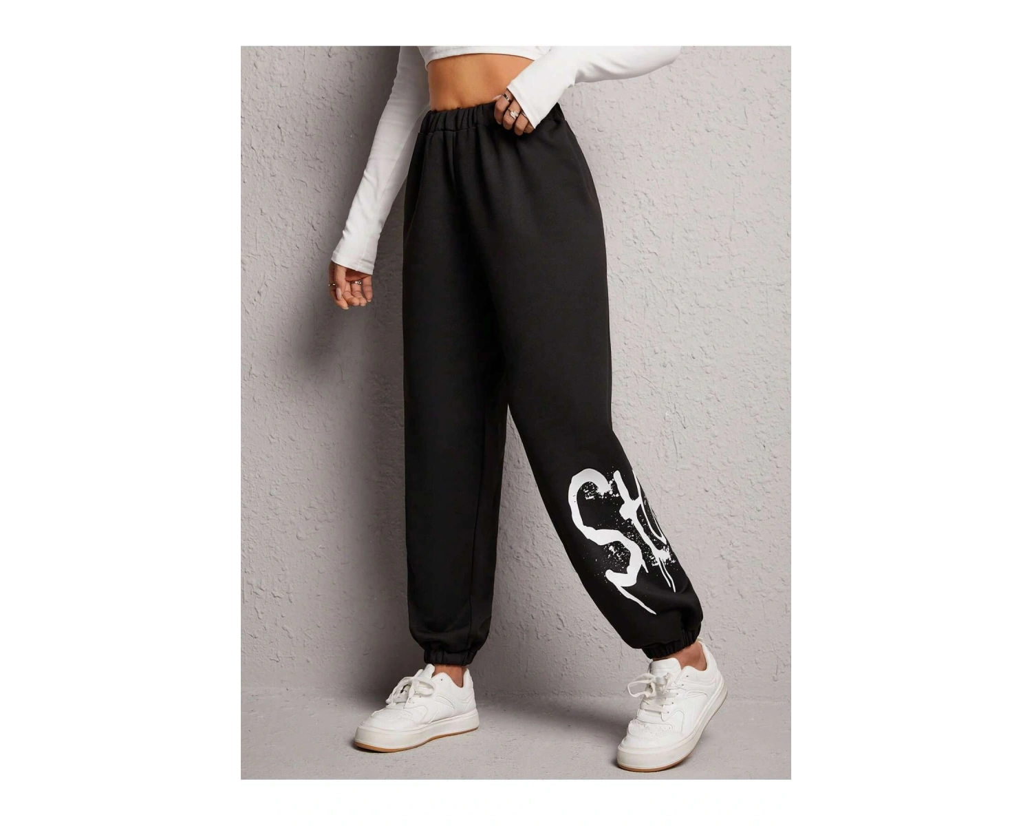 Letter Graphic Elastic Waist 4 Mevsim Eşofman