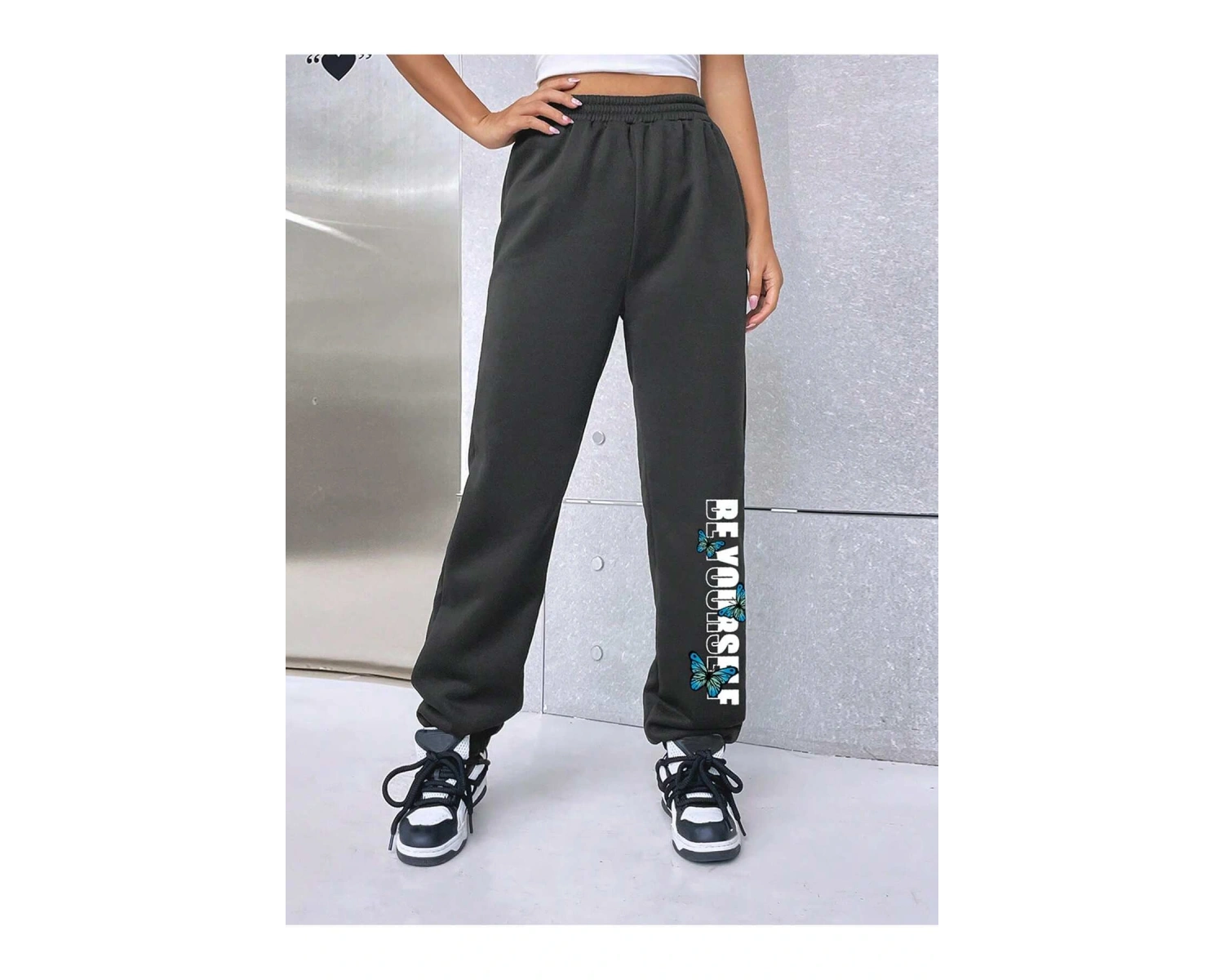 Letter Graphic Elastic Waist 4 Mevsim Eşofman