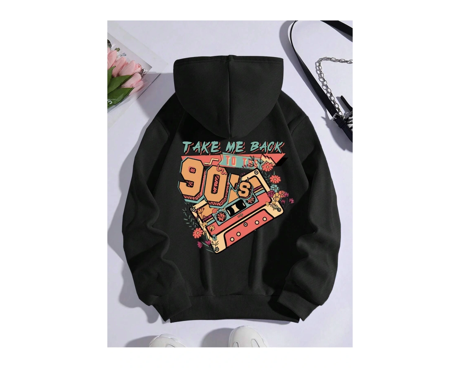 Letter Graphic Kangaroo Pocket Drawstring Lined Hoodie Siyah