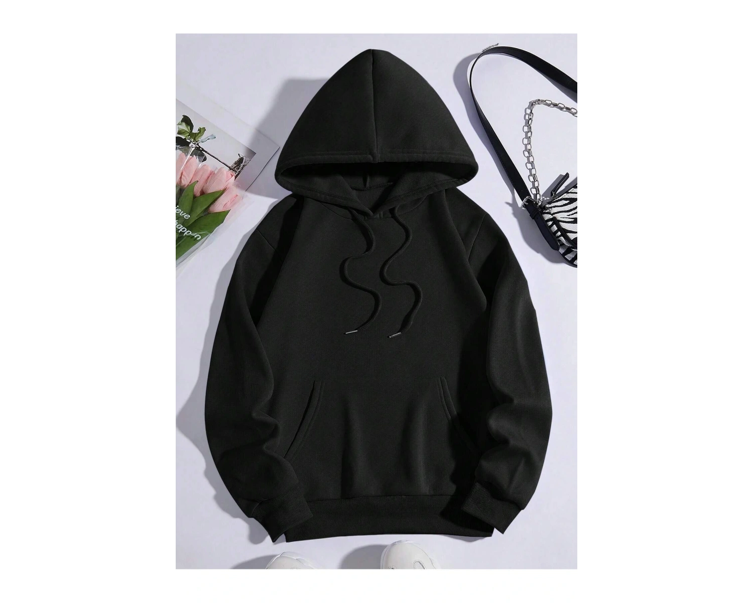 Letter Graphic Kangaroo Pocket Drawstring Lined Hoodie Siyah