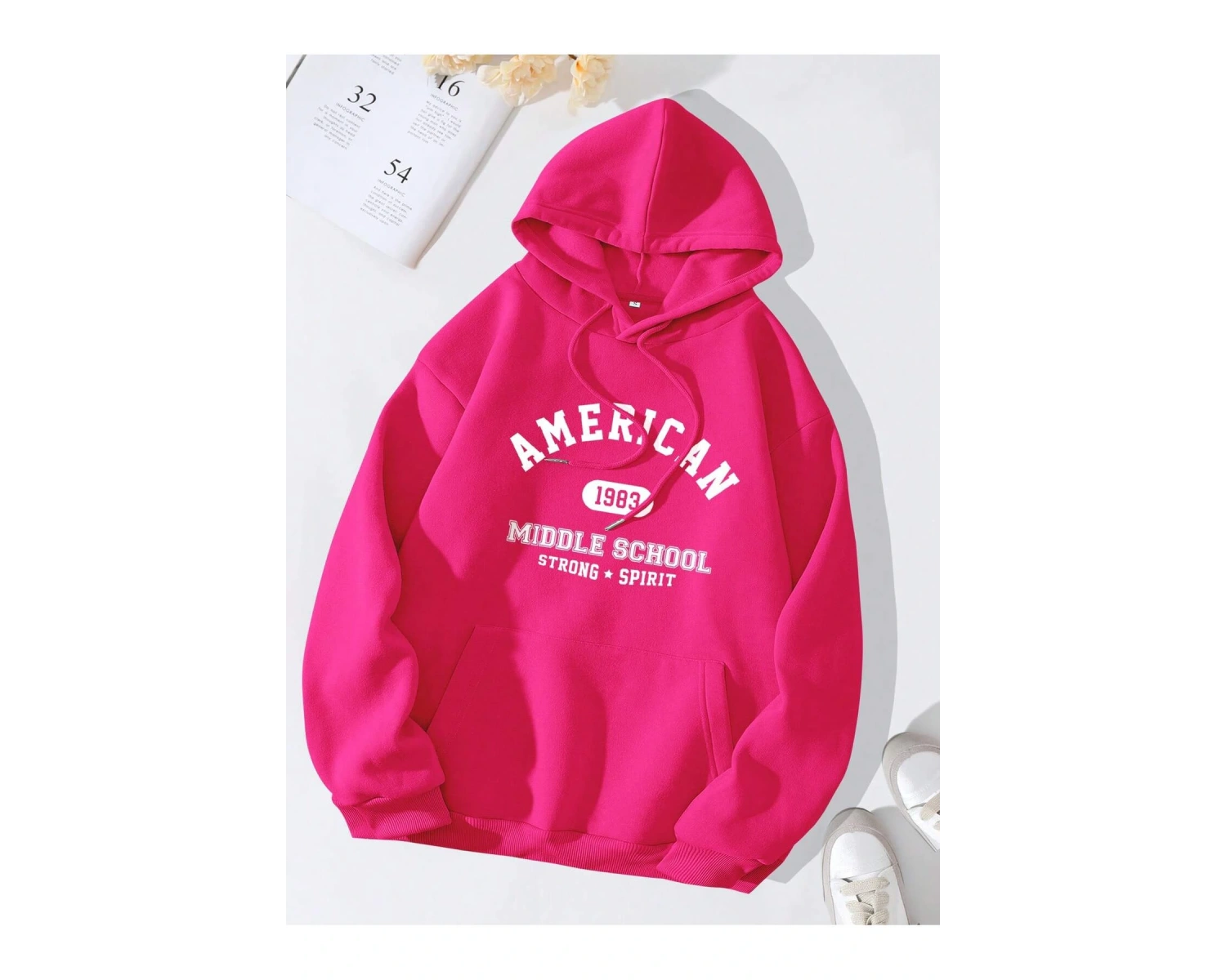 Letter Graphic Kangaroo Pocket Drawstring Lined Hoodie Sweatshirt Pembe