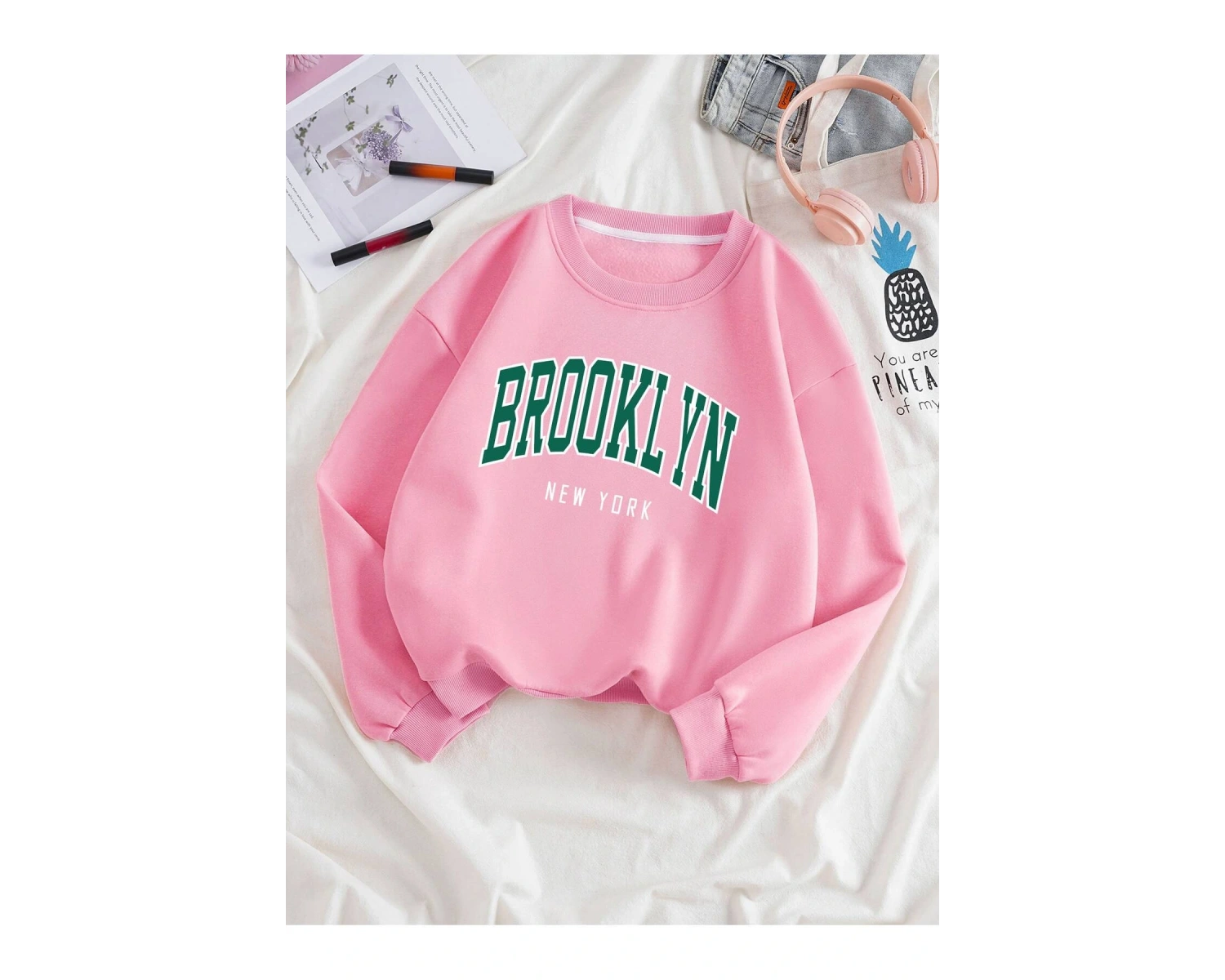 Letter Graphic Lined Sweatshirt Pembe