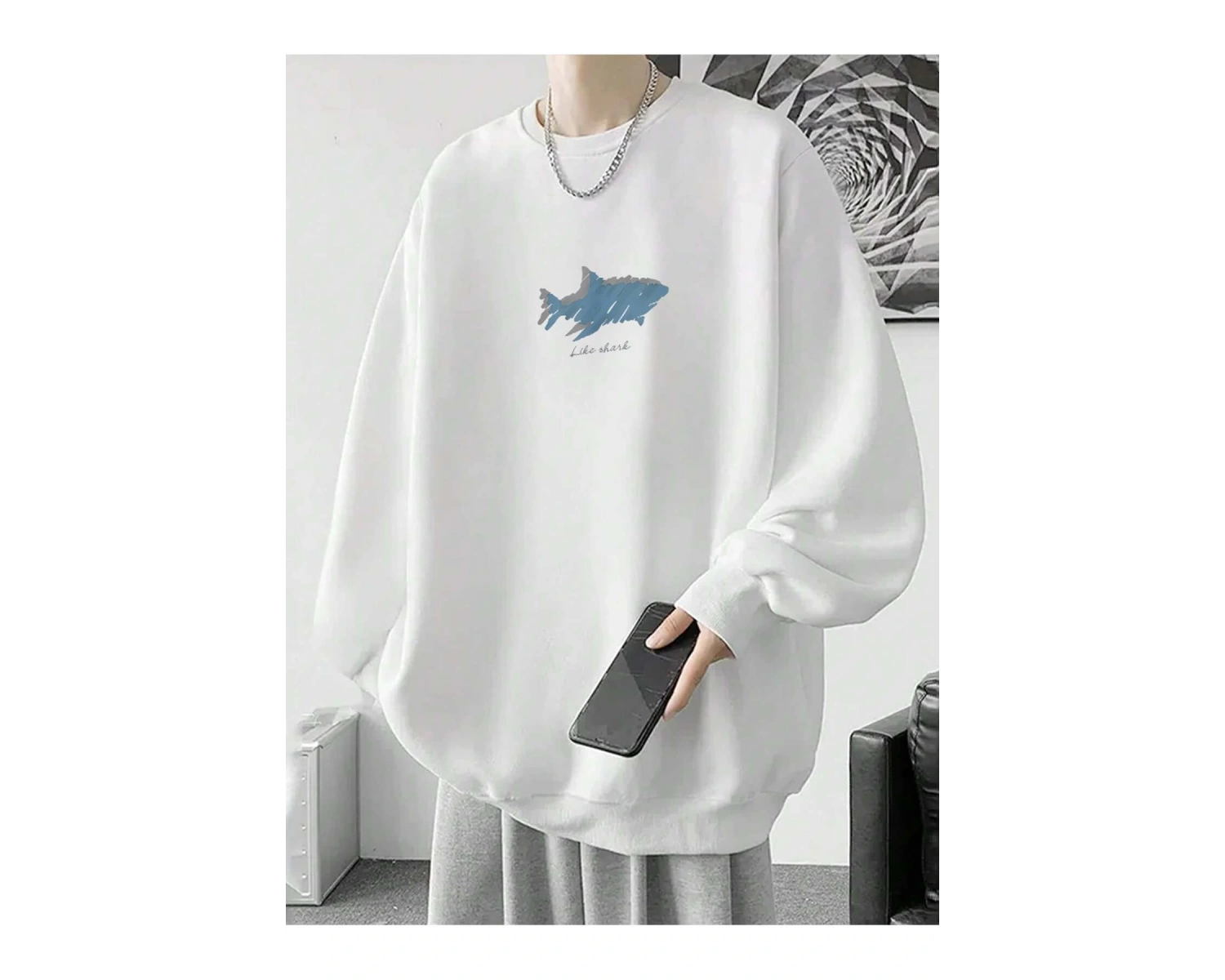 Letter & Shark Print Drop Shoulder Pullover Beyaz