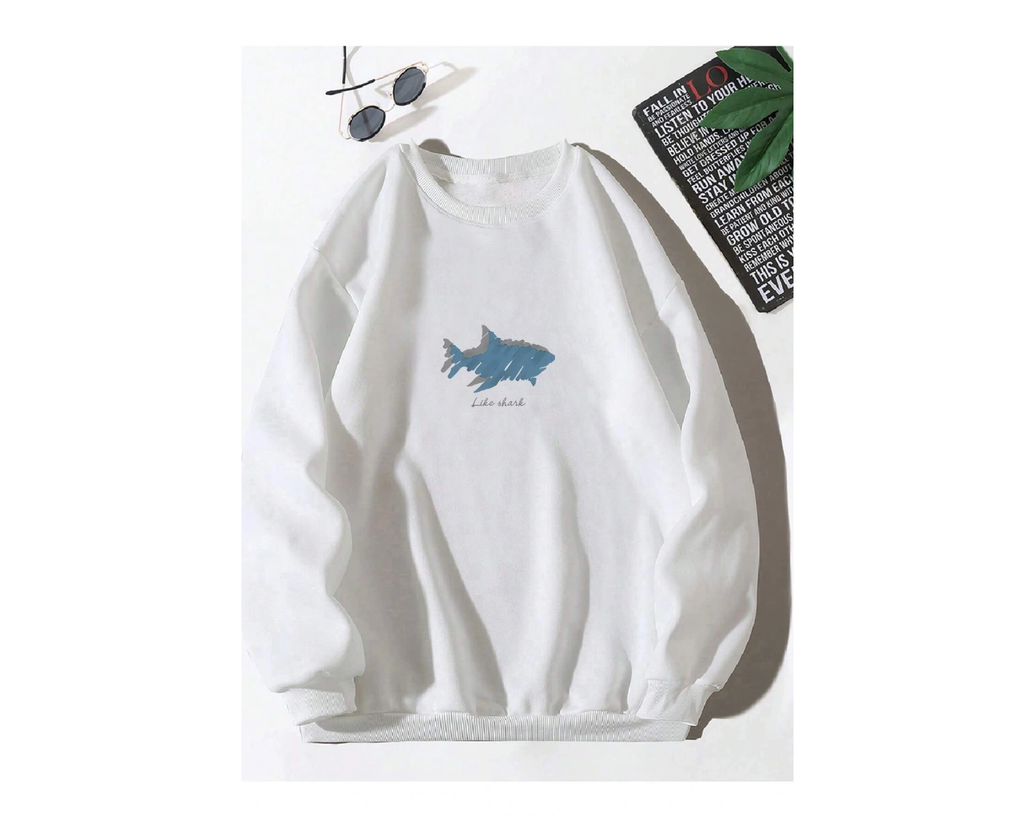 Letter & Shark Print Drop Shoulder Pullover Beyaz