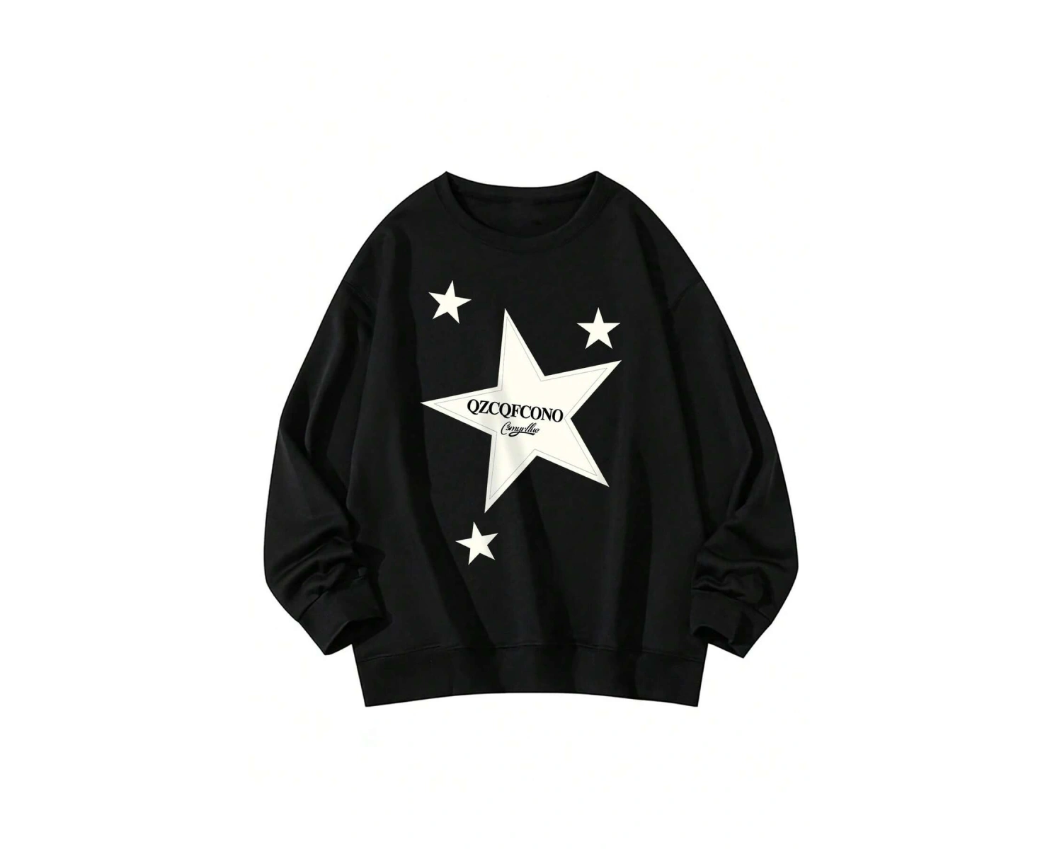 Letter & Star Pattern Drop Shoulder Pullover Siyah