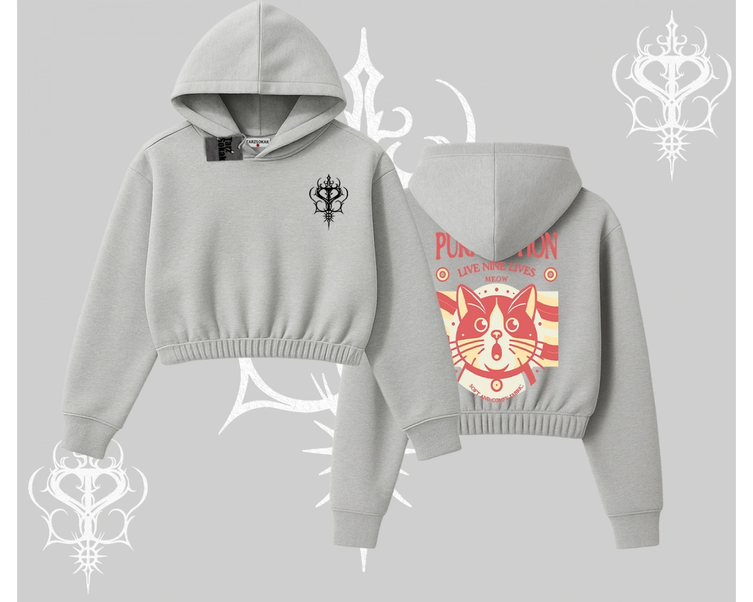 Live Nine Lives Kedi Tasarımlı Kapşonlu Crop Sweatshirt