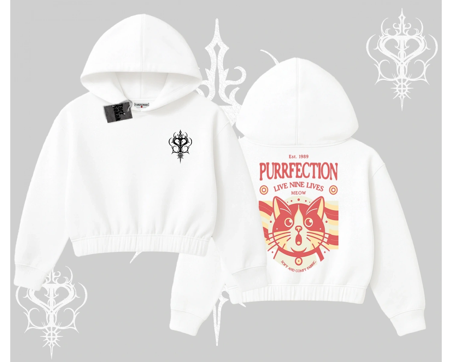 Live Nine Lives Kedi Tasarımlı Kapşonlu Crop Sweatshirt