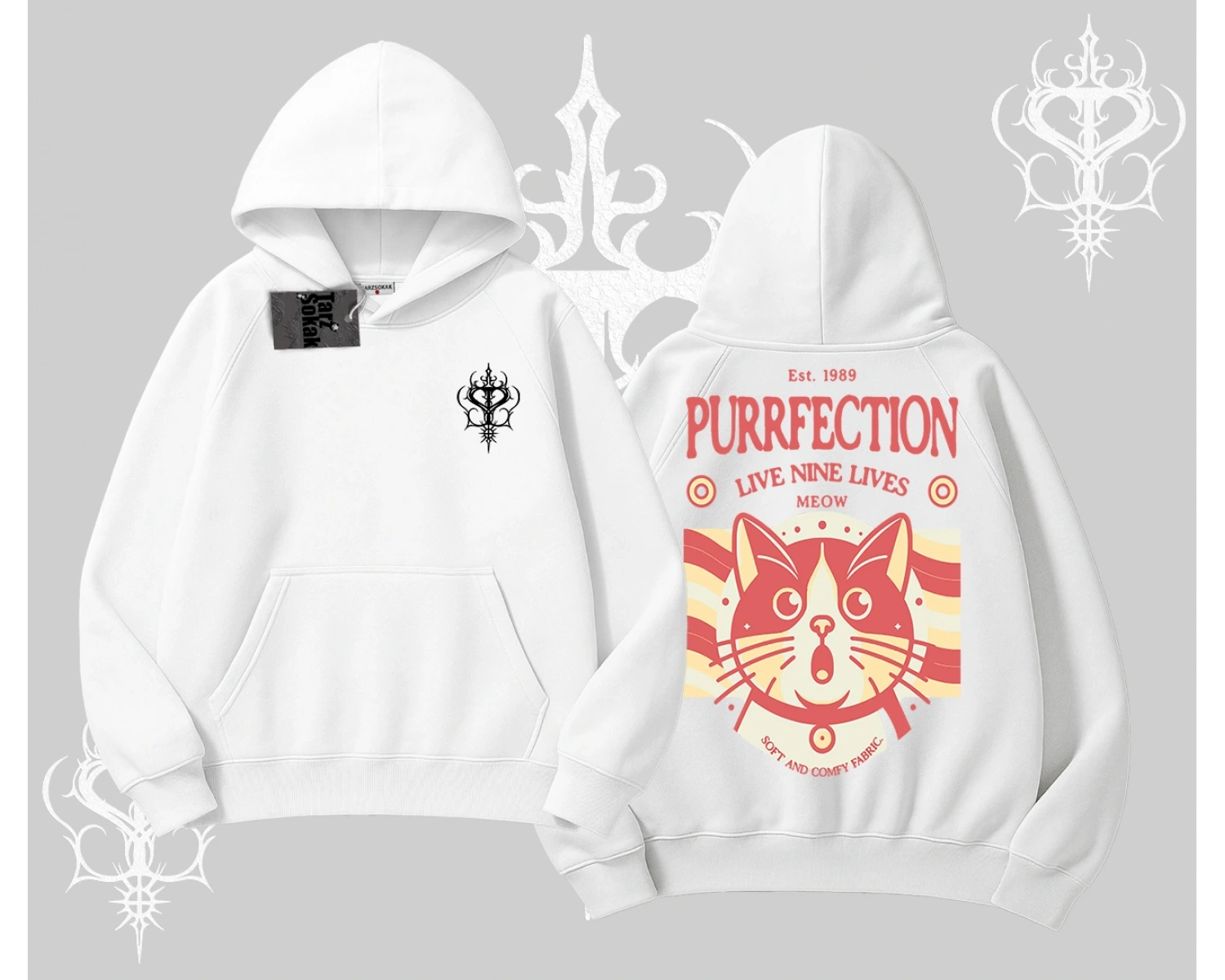 Live Nine Lives Kedi Tasarımlı Kapşonlu Sweatshirt