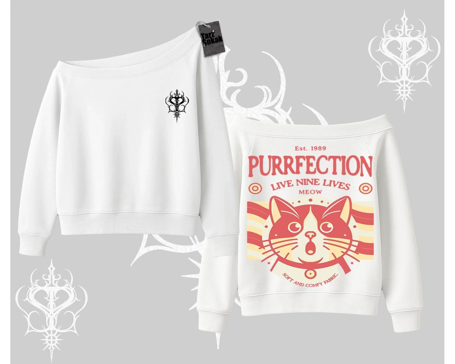 Live Nine Lives Kedi Tasarımlı Kayık Yaka Sweatshirt