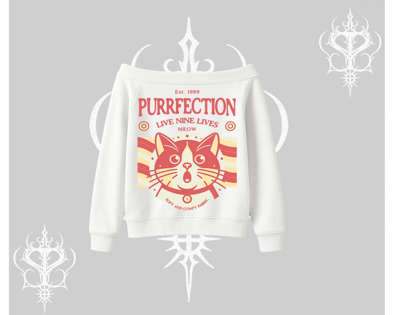 Live Nine Lives Kedi Tasarımlı Kayık Yaka Sweatshirt