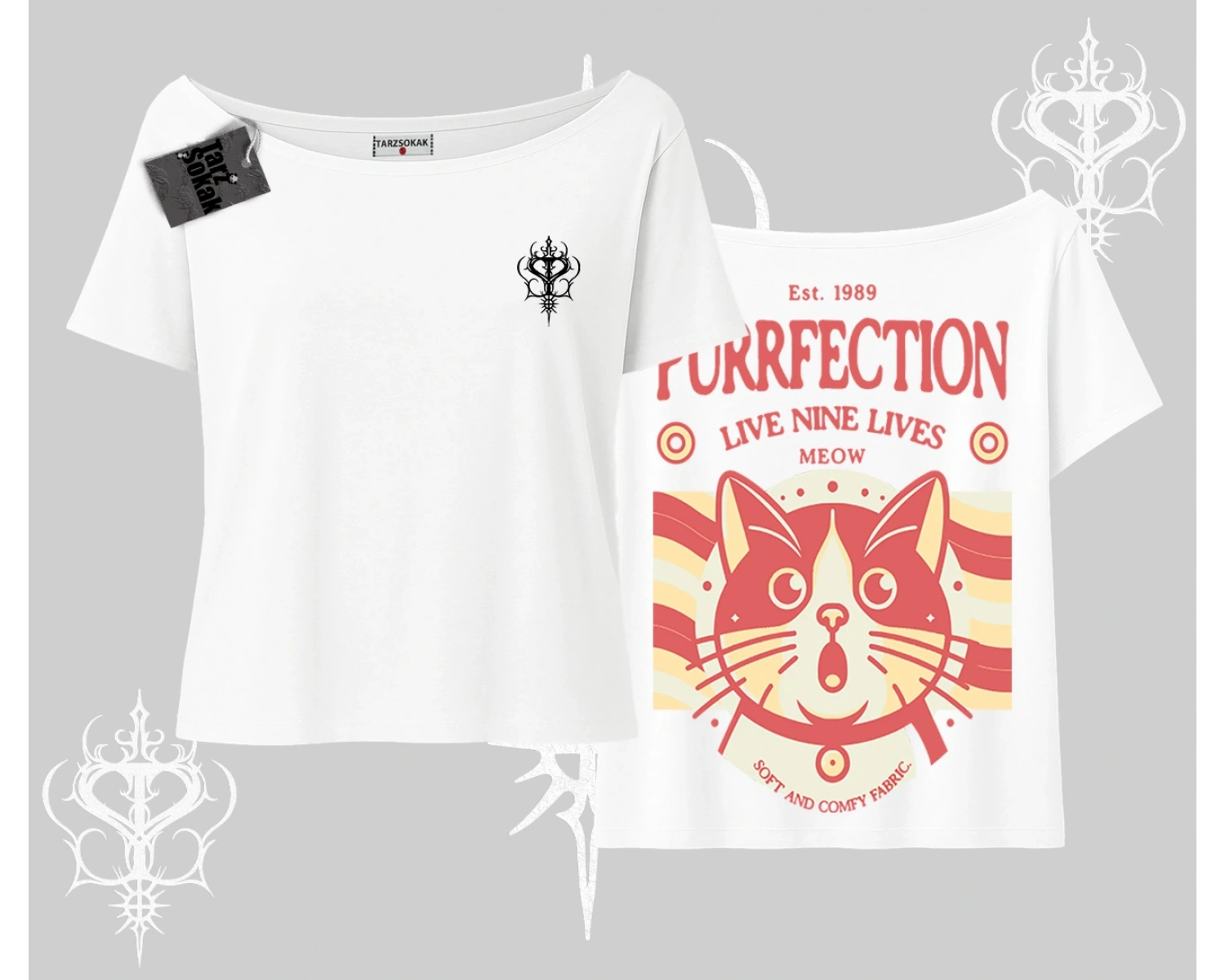 Live Nine Lives Kedi Tasarımlı Kayık Yaka Tshirt