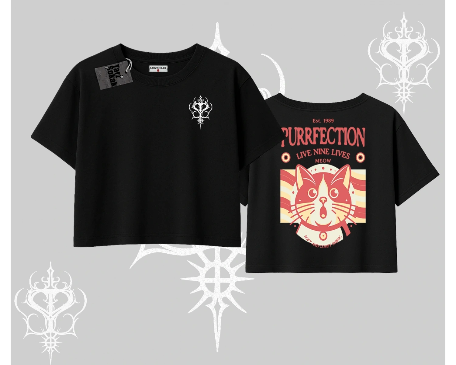 Live Nine Lives Kedi Tasarımlı Oversize Crop Tshirt