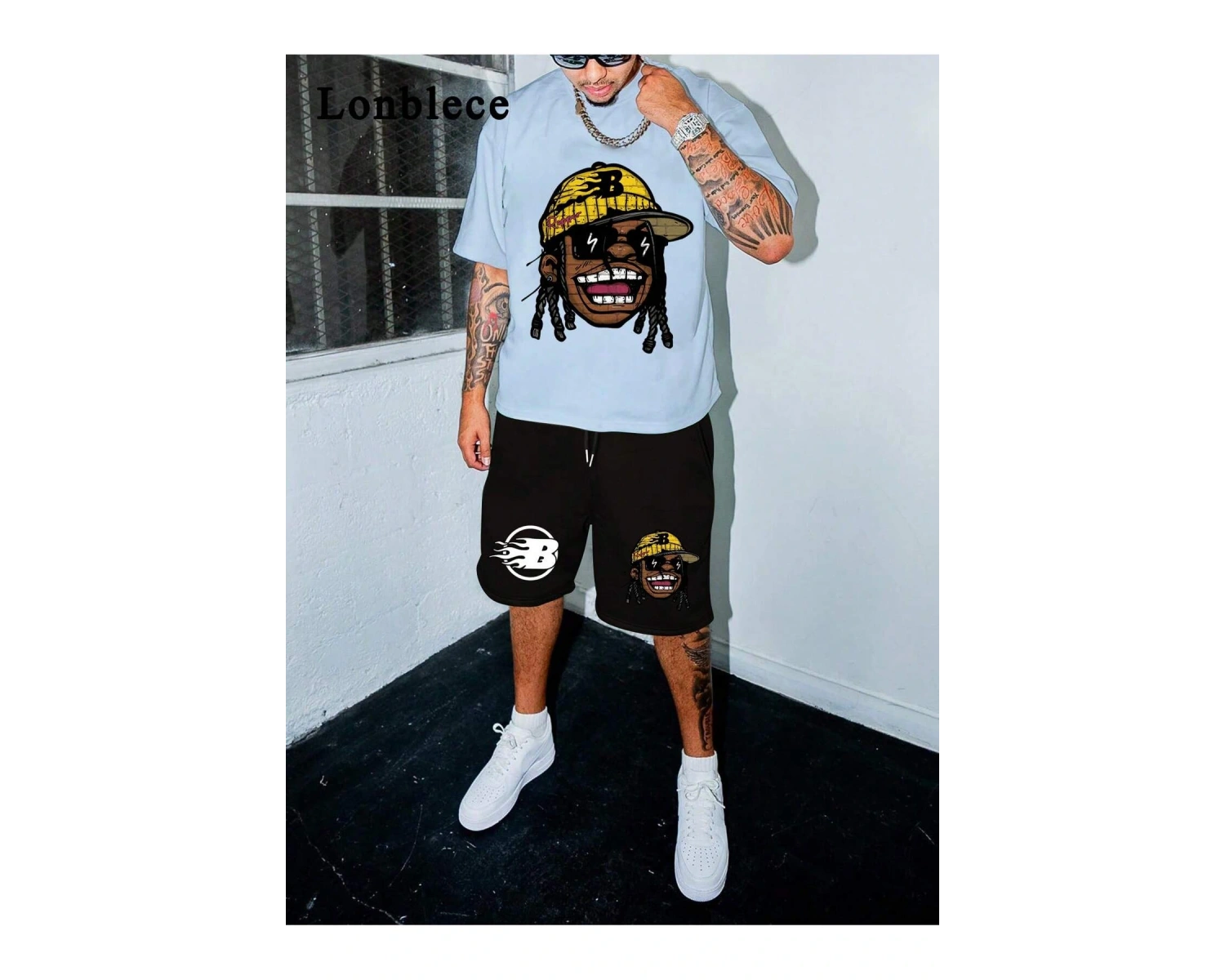 Lonblece 2li Erkek Karikatür Baskılı Kısa Kollu Tişört Şort Takımı