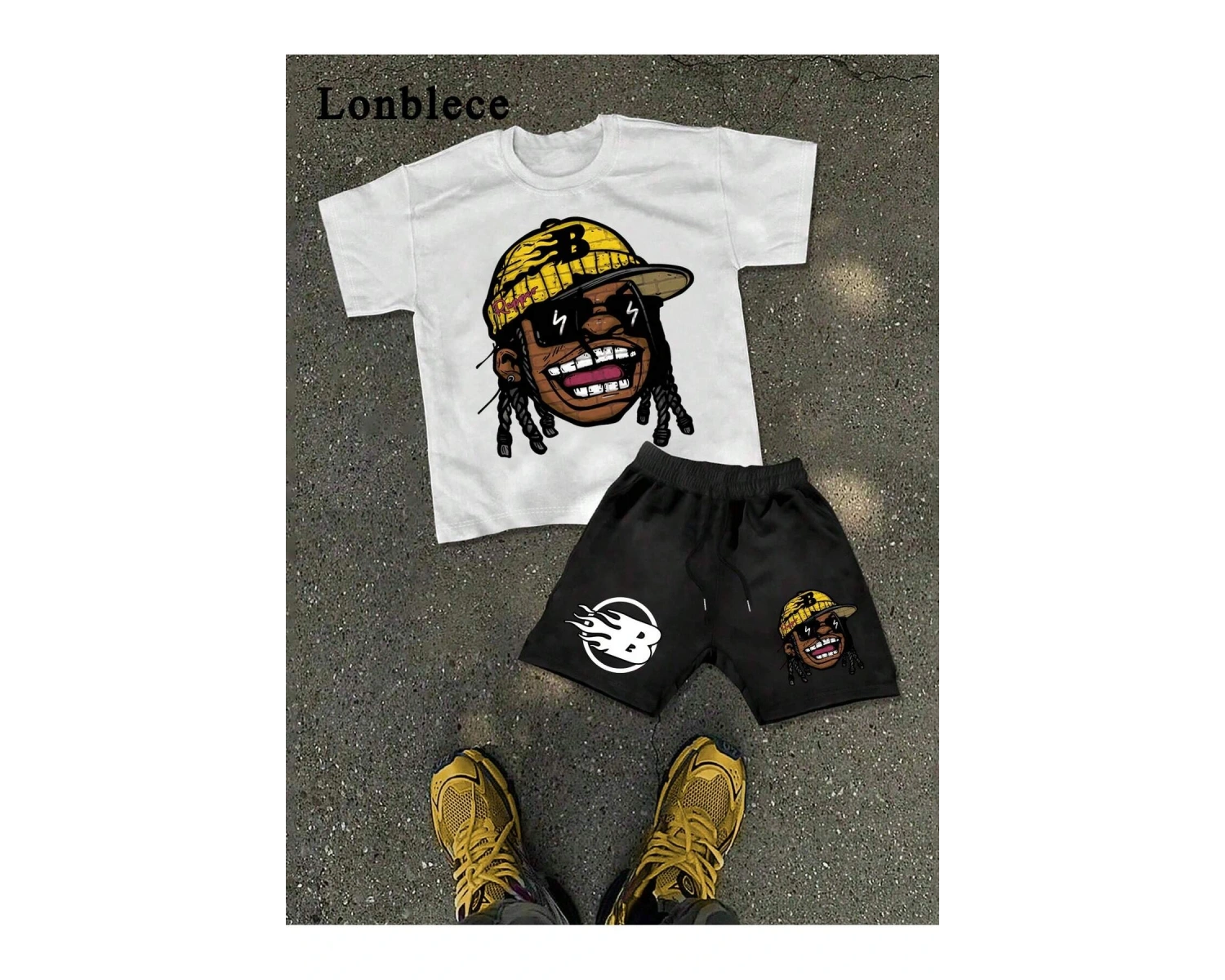 Lonblece 2li Erkek Karikatür Baskılı Kısa Kollu Tişört Şort Takımı