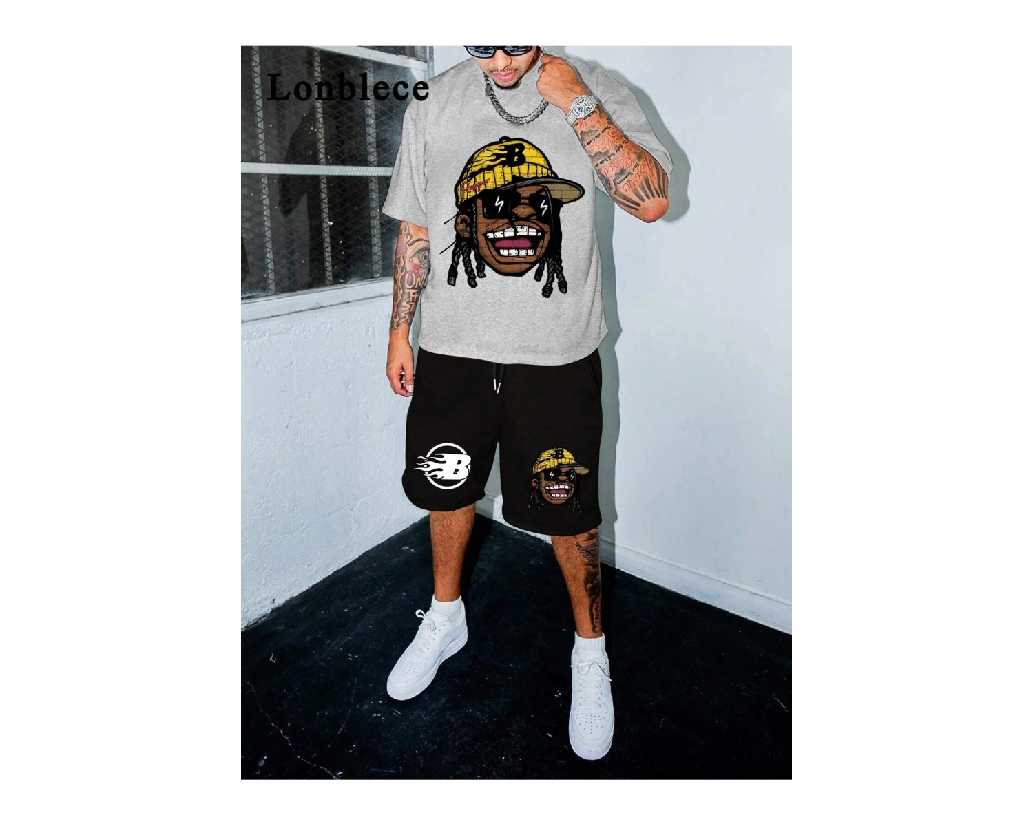 Lonblece 2li Erkek Karikatür Baskılı Kısa Kollu Tişört Şort Takımı