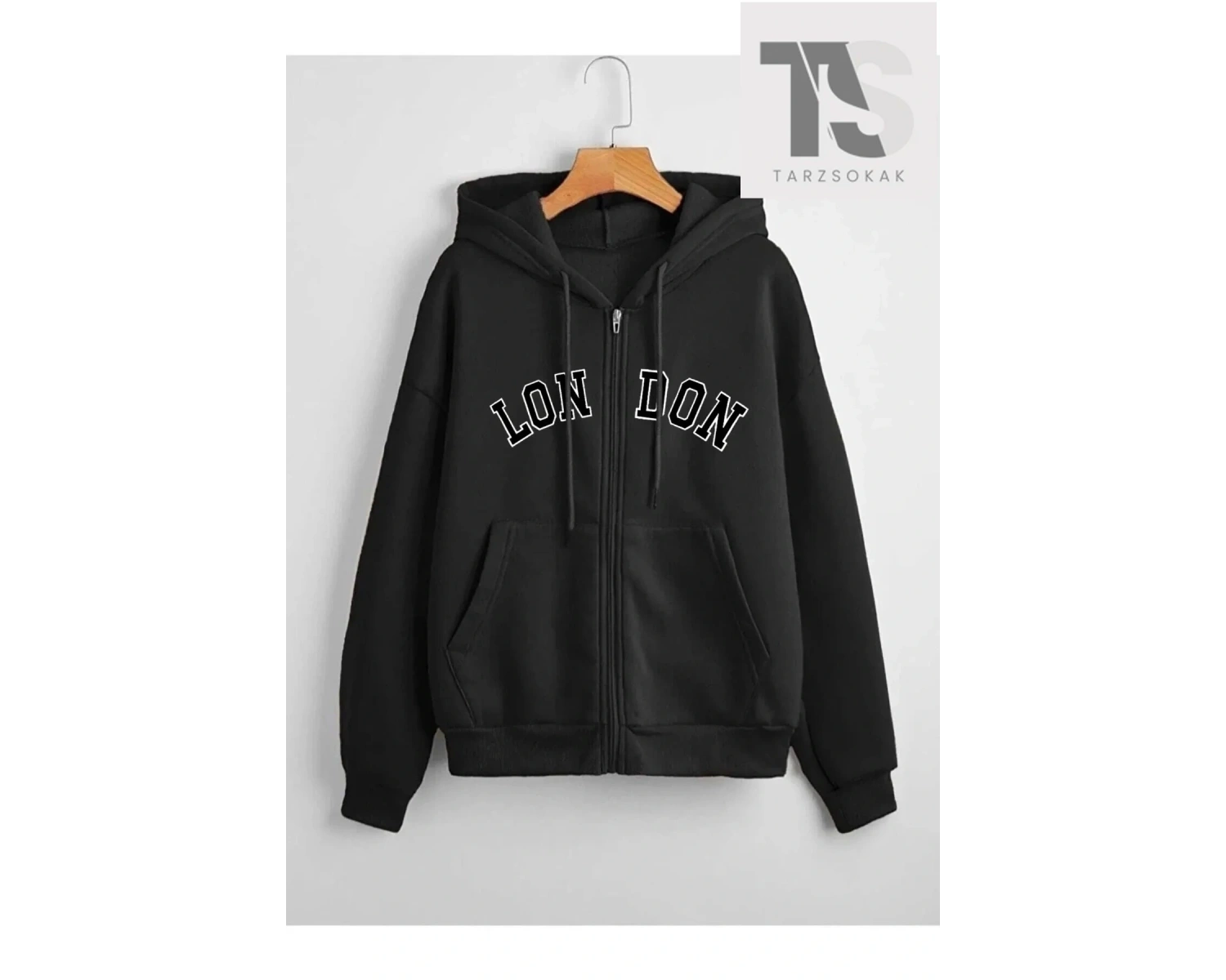 London Baskılı Örme Pamuk 2 iplik Siyah Fermuarlı Hırka