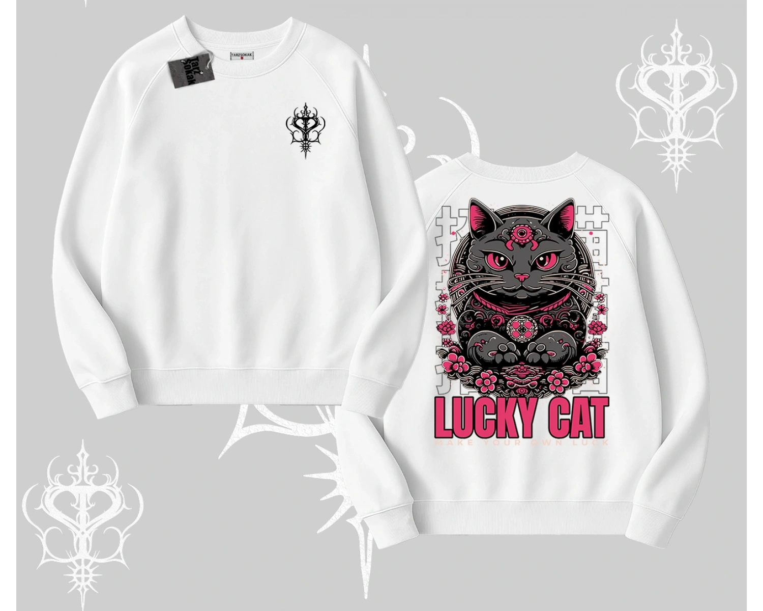 Lucky Cat Japon Tarzı Kedi Baskılı Biskilet Sweatshirt