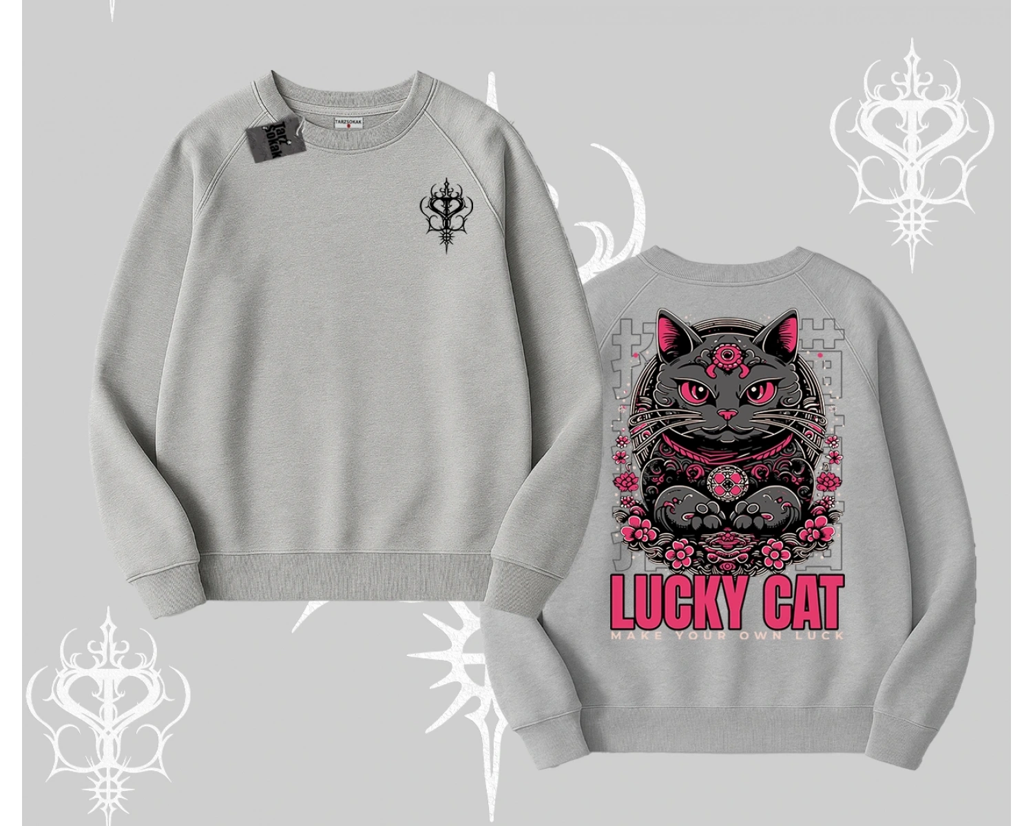 Lucky Cat Japon Tarzı Kedi Baskılı Biskilet Sweatshirt