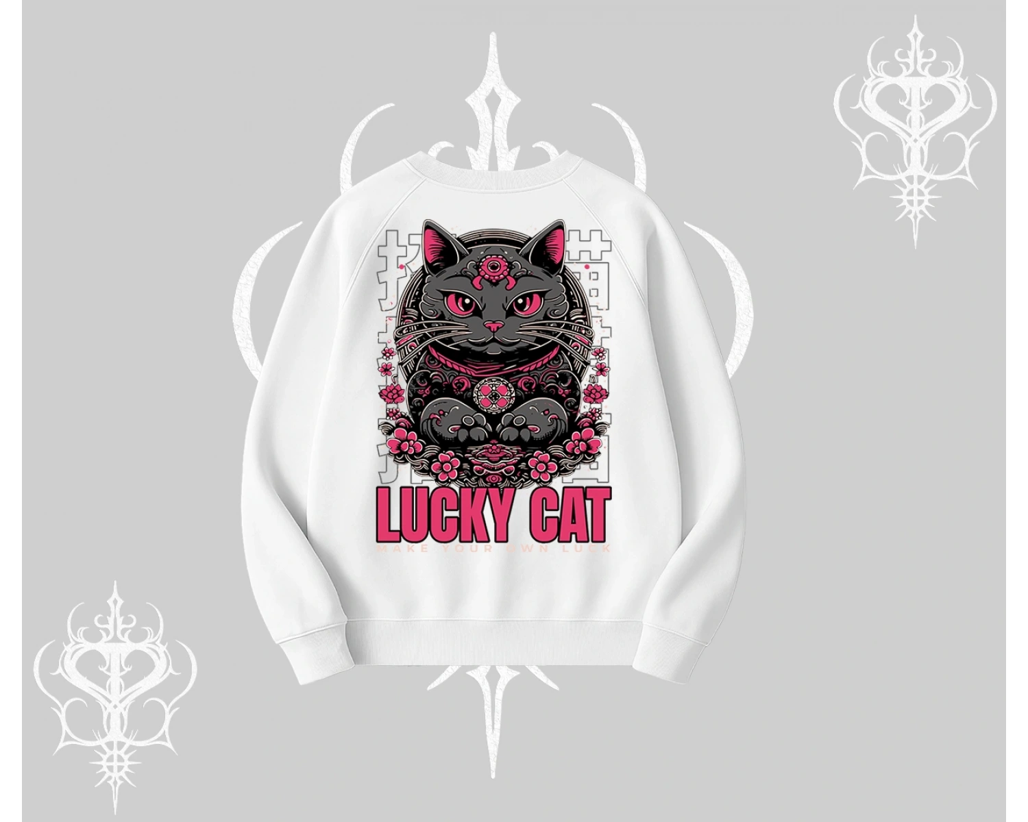 Lucky Cat Japon Tarzı Kedi Baskılı Biskilet Sweatshirt