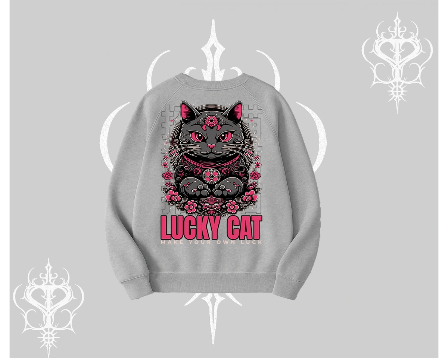 Lucky Cat Japon Tarzı Kedi Baskılı Biskilet Sweatshirt