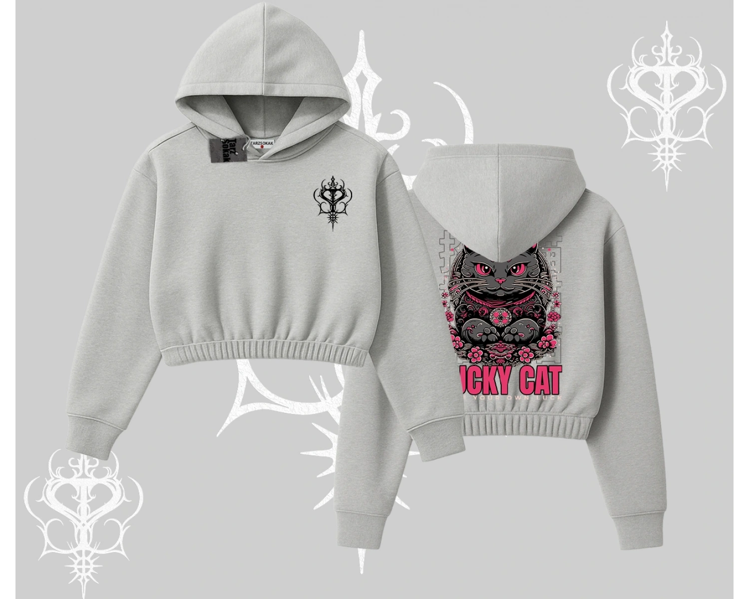 Lucky Cat Japon Tarzı Kedi Baskılı Kapşonlu Crop Sweatshirt