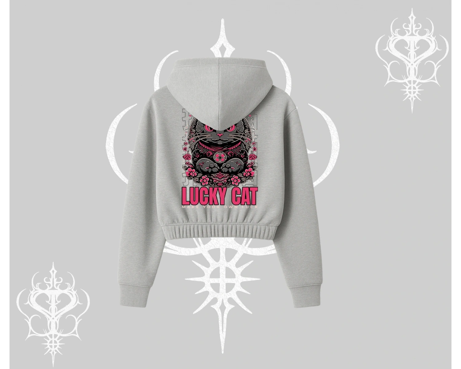 Lucky Cat Japon Tarzı Kedi Baskılı Kapşonlu Crop Sweatshirt
