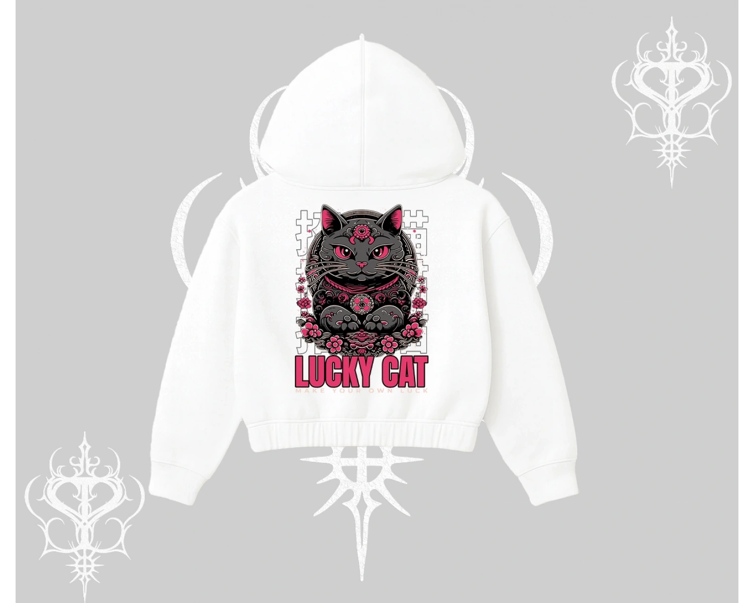 Lucky Cat Japon Tarzı Kedi Baskılı Kapşonlu Crop Sweatshirt