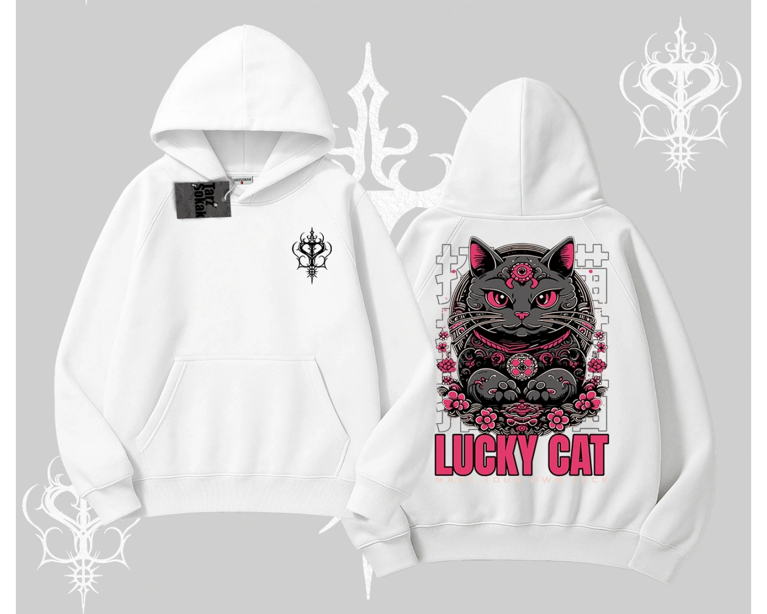 Lucky Cat Japon Tarzı Kedi Baskılı Kapşonlu Sweatshirt
