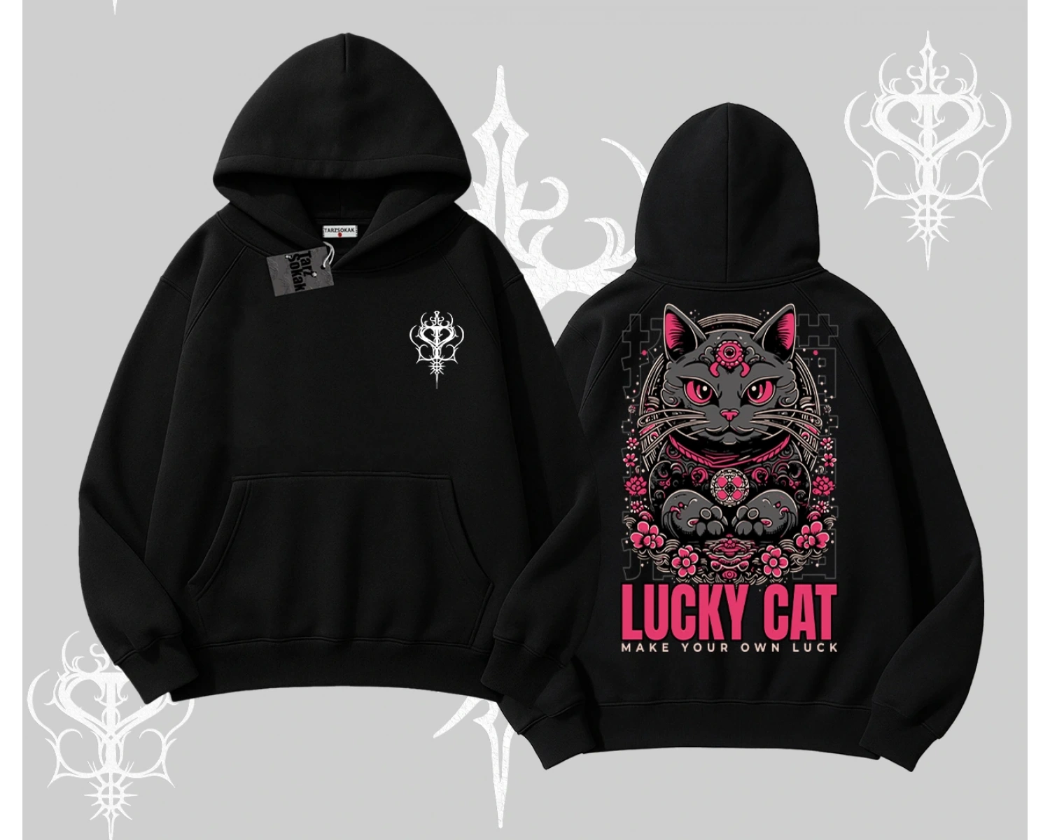 Lucky Cat Japon Tarzı Kedi Baskılı Kapşonlu Sweatshirt