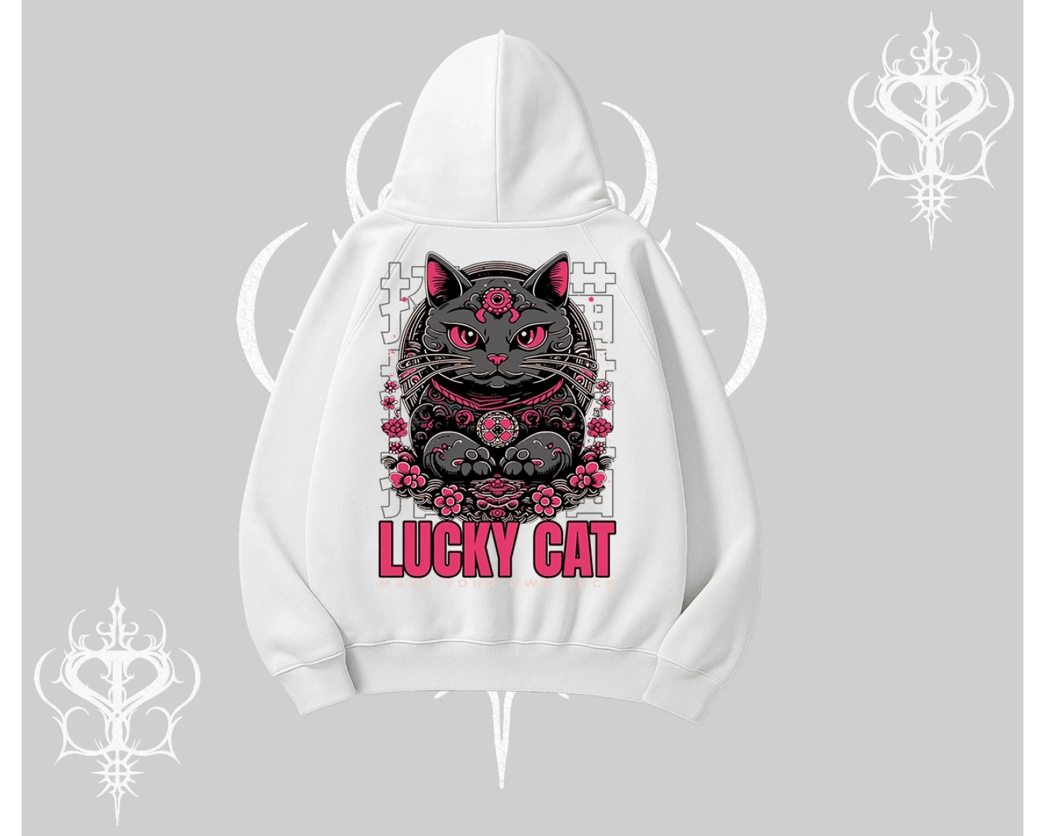 Lucky Cat Japon Tarzı Kedi Baskılı Kapşonlu Sweatshirt