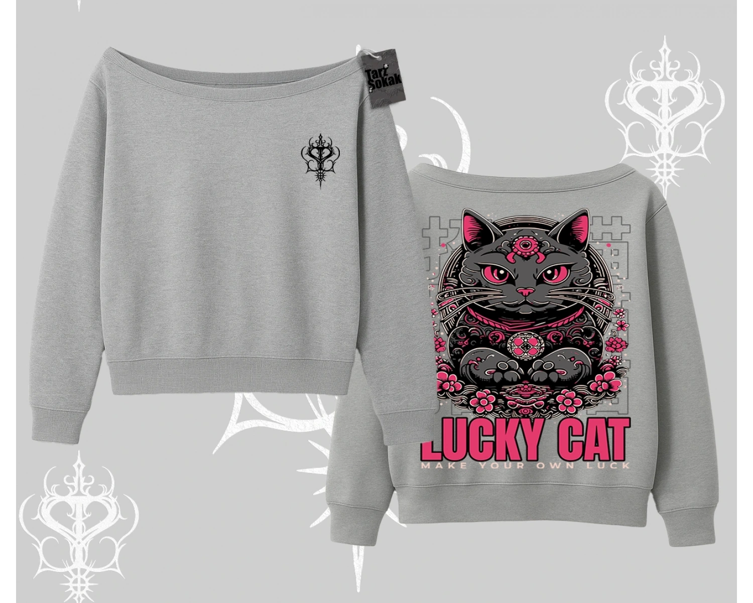Lucky Cat Japon Tarzı Kedi Baskılı Kayık Yaka Sweatshirt