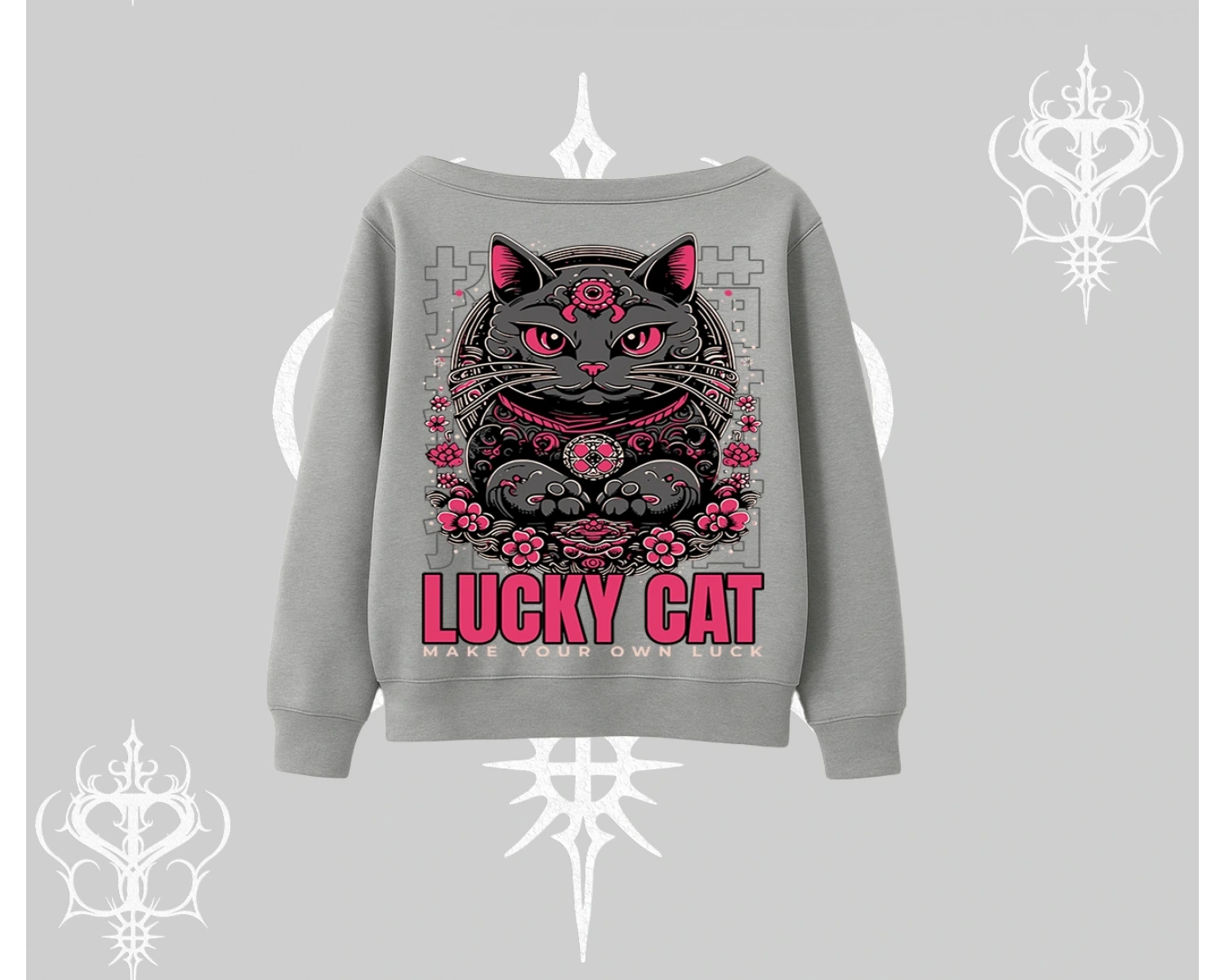 Lucky Cat Japon Tarzı Kedi Baskılı Kayık Yaka Sweatshirt