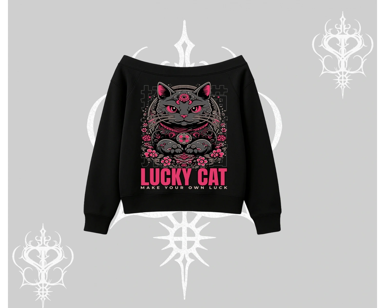 Lucky Cat Japon Tarzı Kedi Baskılı Kayık Yaka Sweatshirt