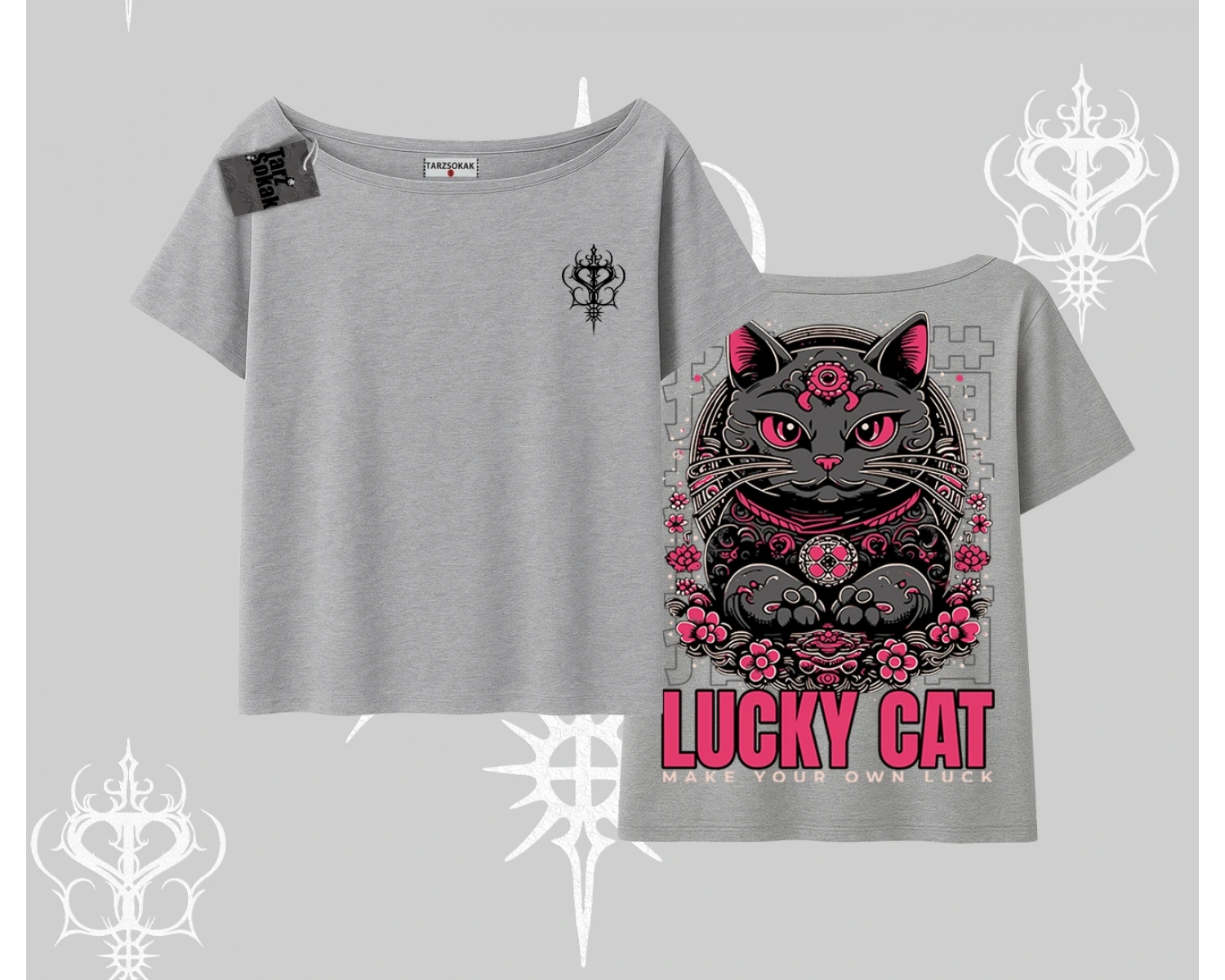 Lucky Cat Japon Tarzı Kedi Baskılı Kayık Yaka Tshirt