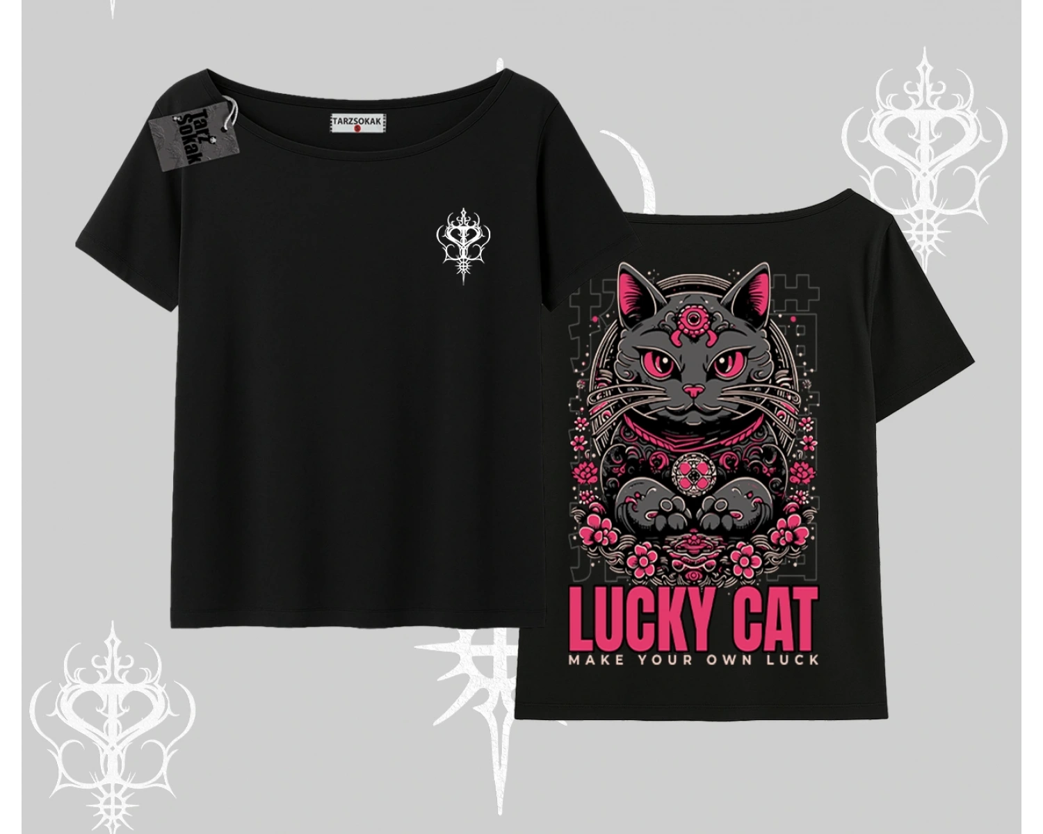 Lucky Cat Japon Tarzı Kedi Baskılı Kayık Yaka Tshirt