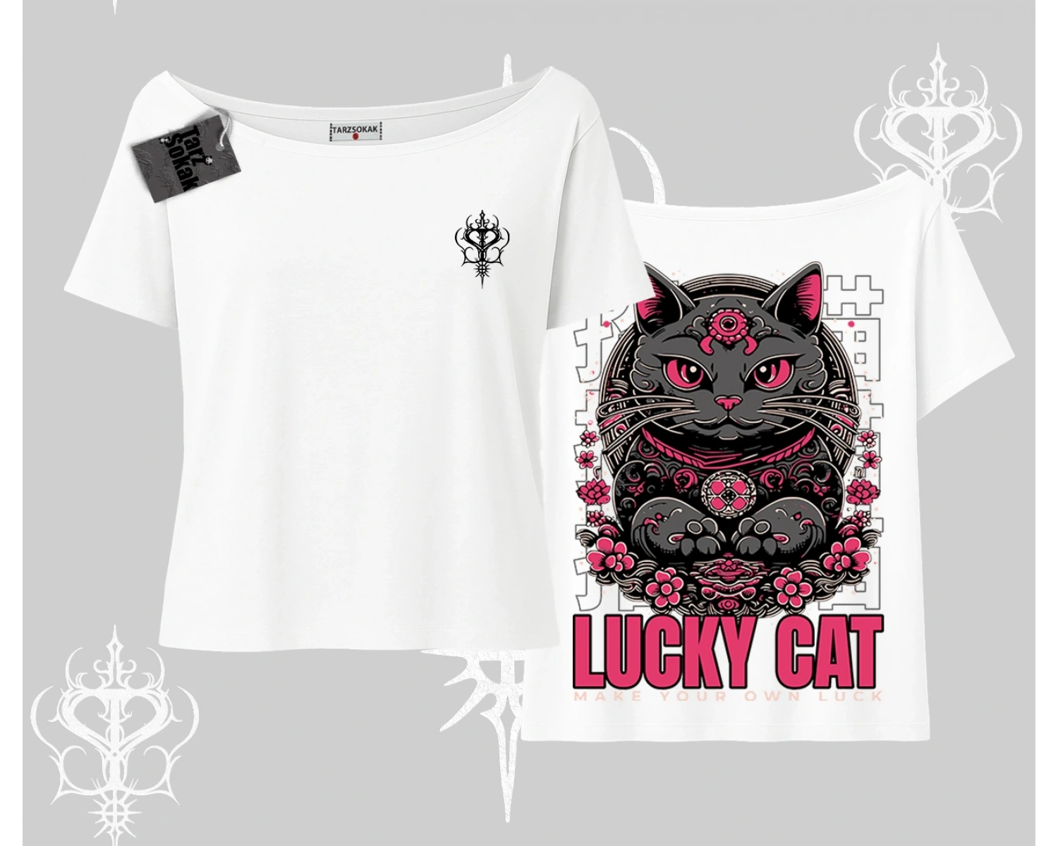 Lucky Cat Japon Tarzı Kedi Baskılı Kayık Yaka Tshirt
