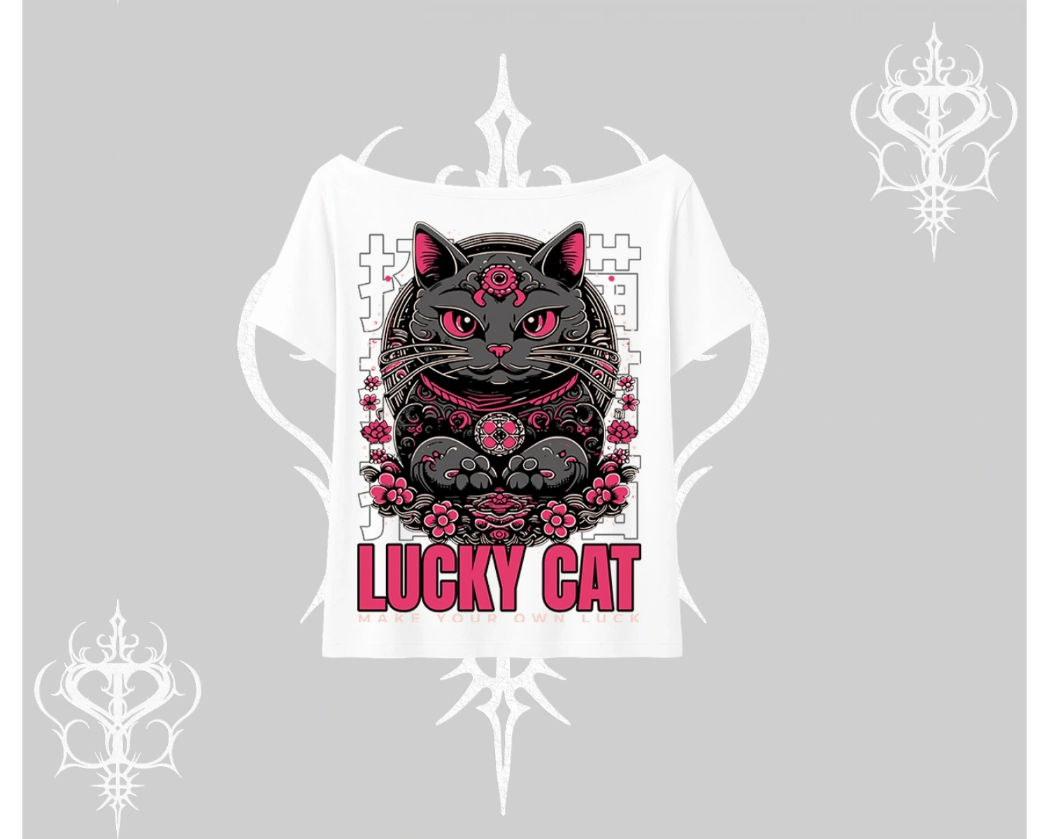 Lucky Cat Japon Tarzı Kedi Baskılı Kayık Yaka Tshirt