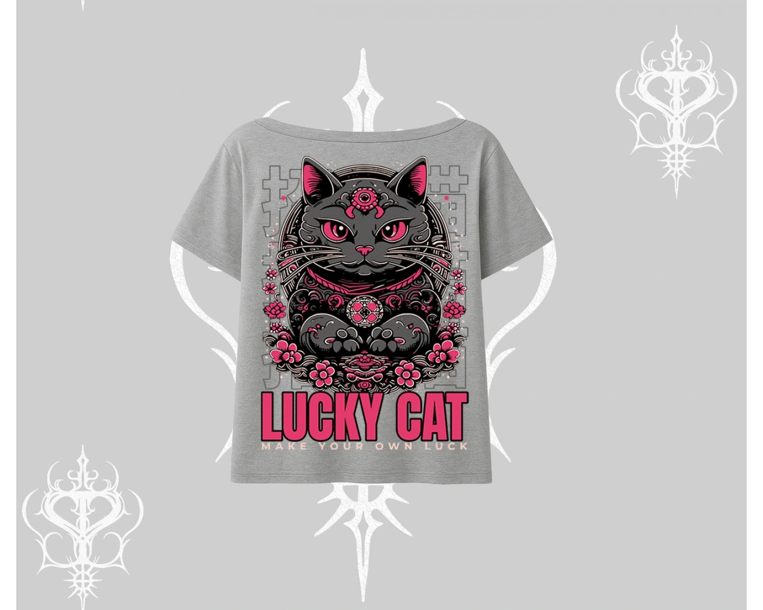Lucky Cat Japon Tarzı Kedi Baskılı Kayık Yaka Tshirt