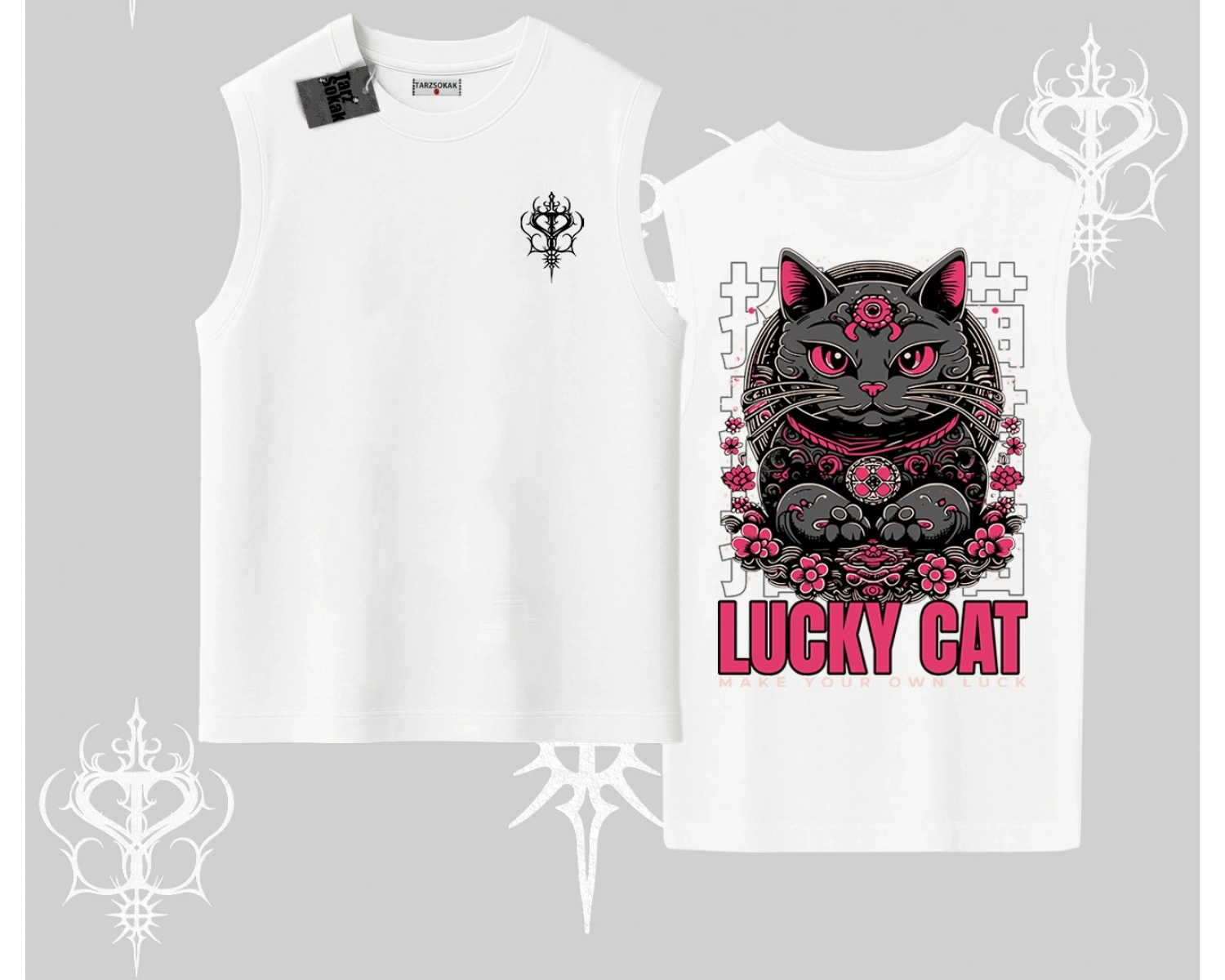 Lucky Cat Japon Tarzı Kedi Baskılı Kolsuz Tshirt