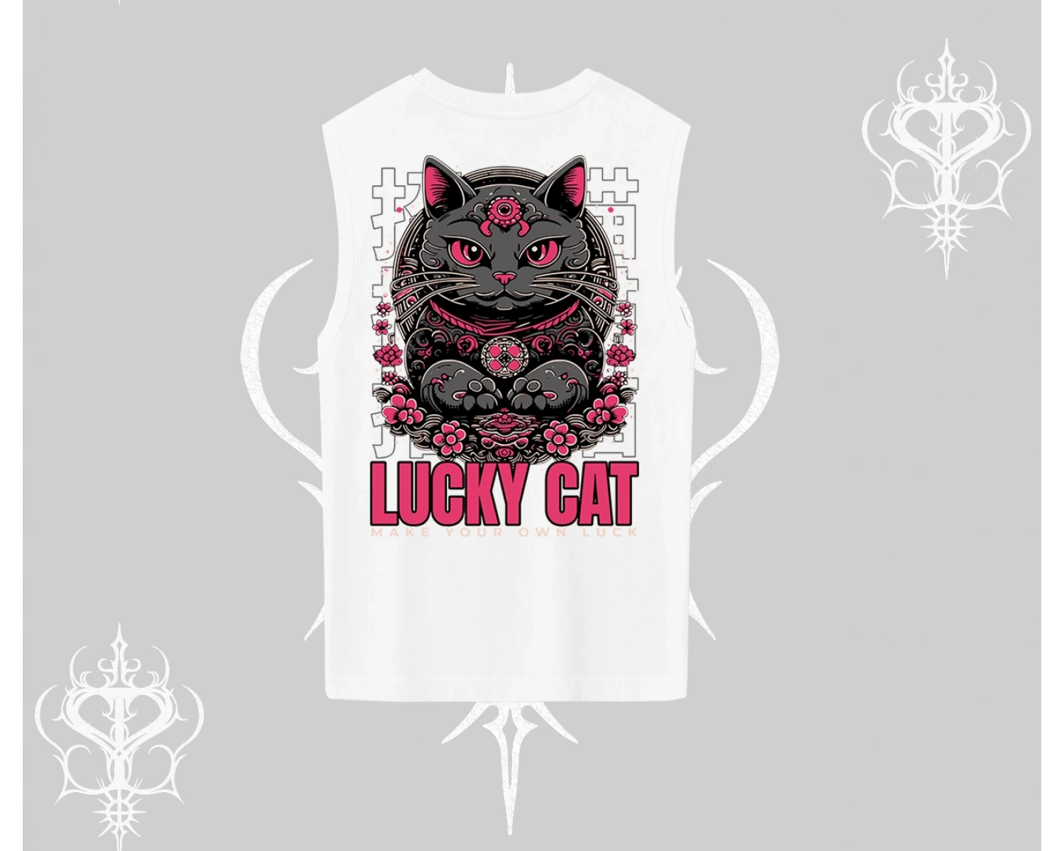 Lucky Cat Japon Tarzı Kedi Baskılı Kolsuz Tshirt