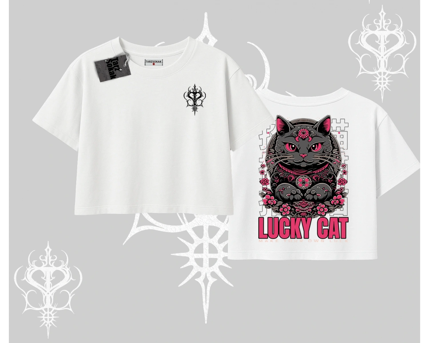Lucky Cat Japon Tarzı Kedi Baskılı Oversize Crop Tshirt