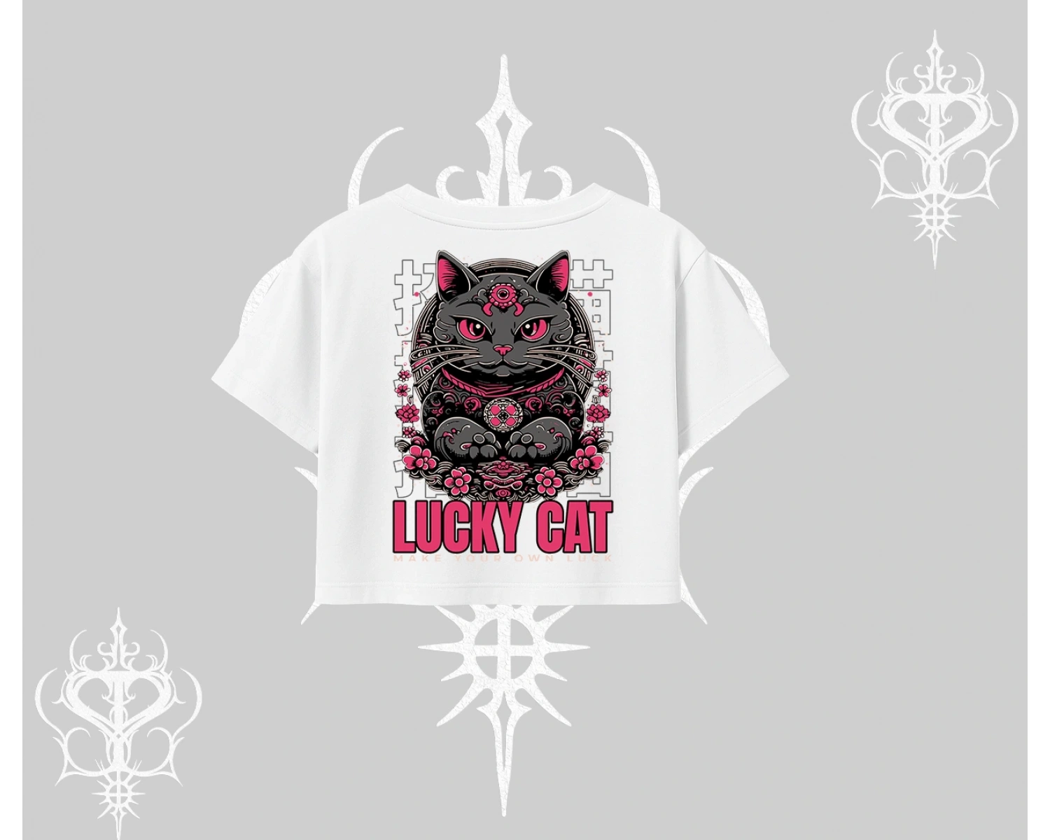 Lucky Cat Japon Tarzı Kedi Baskılı Oversize Crop Tshirt