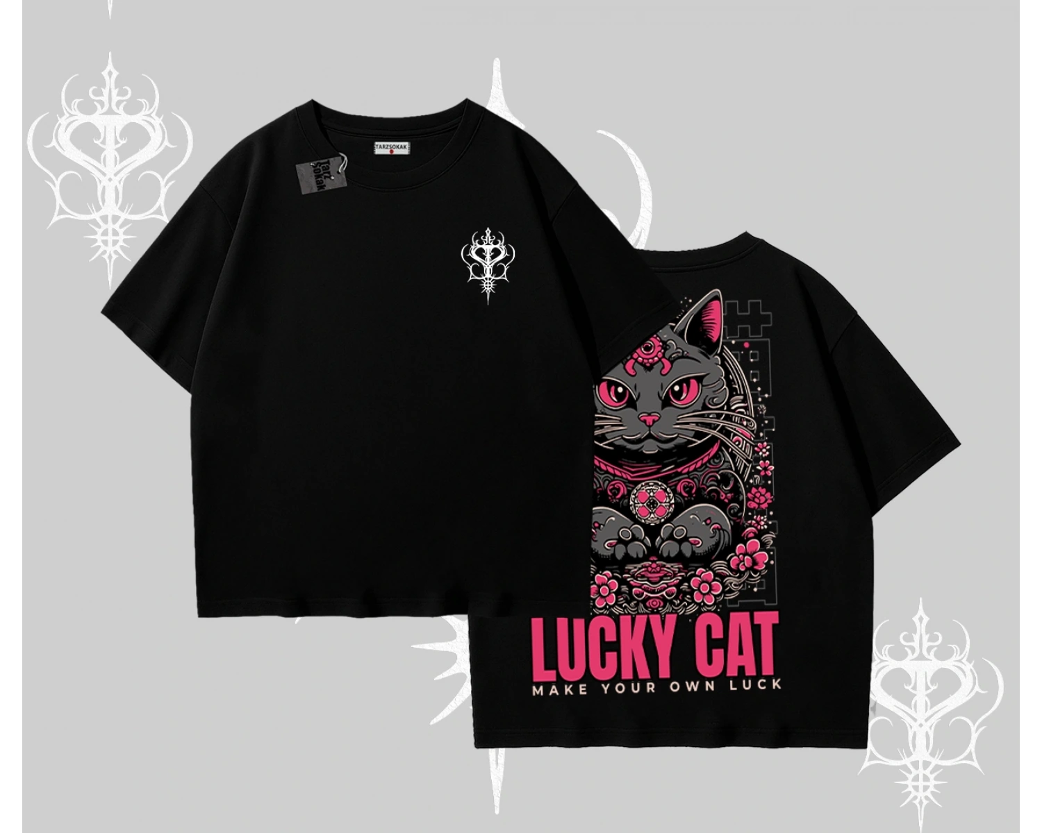 Lucky Cat Japon Tarzı Kedi Baskılı Oversize Tshirt