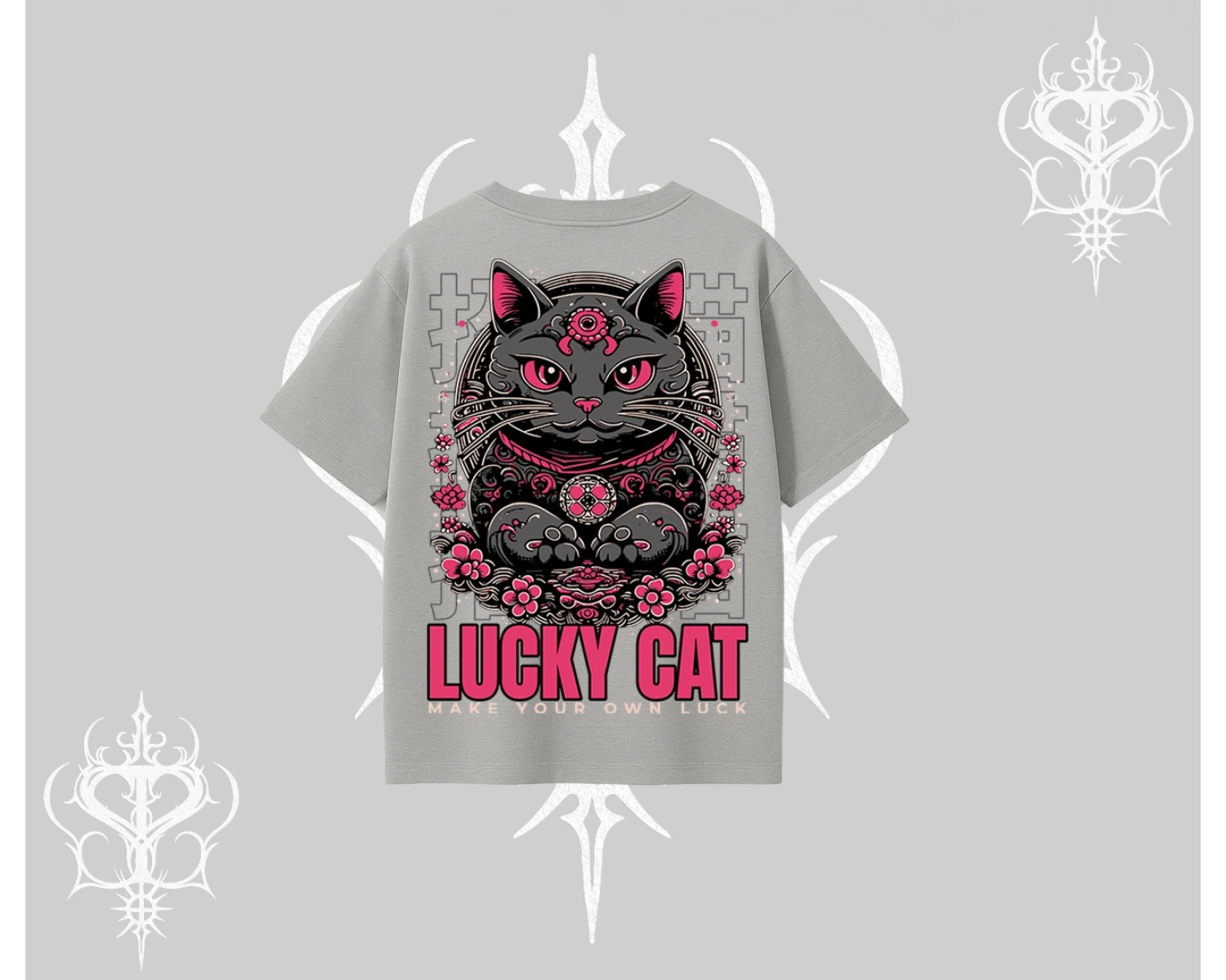Lucky Cat Japon Tarzı Kedi Baskılı Oversize Tshirt