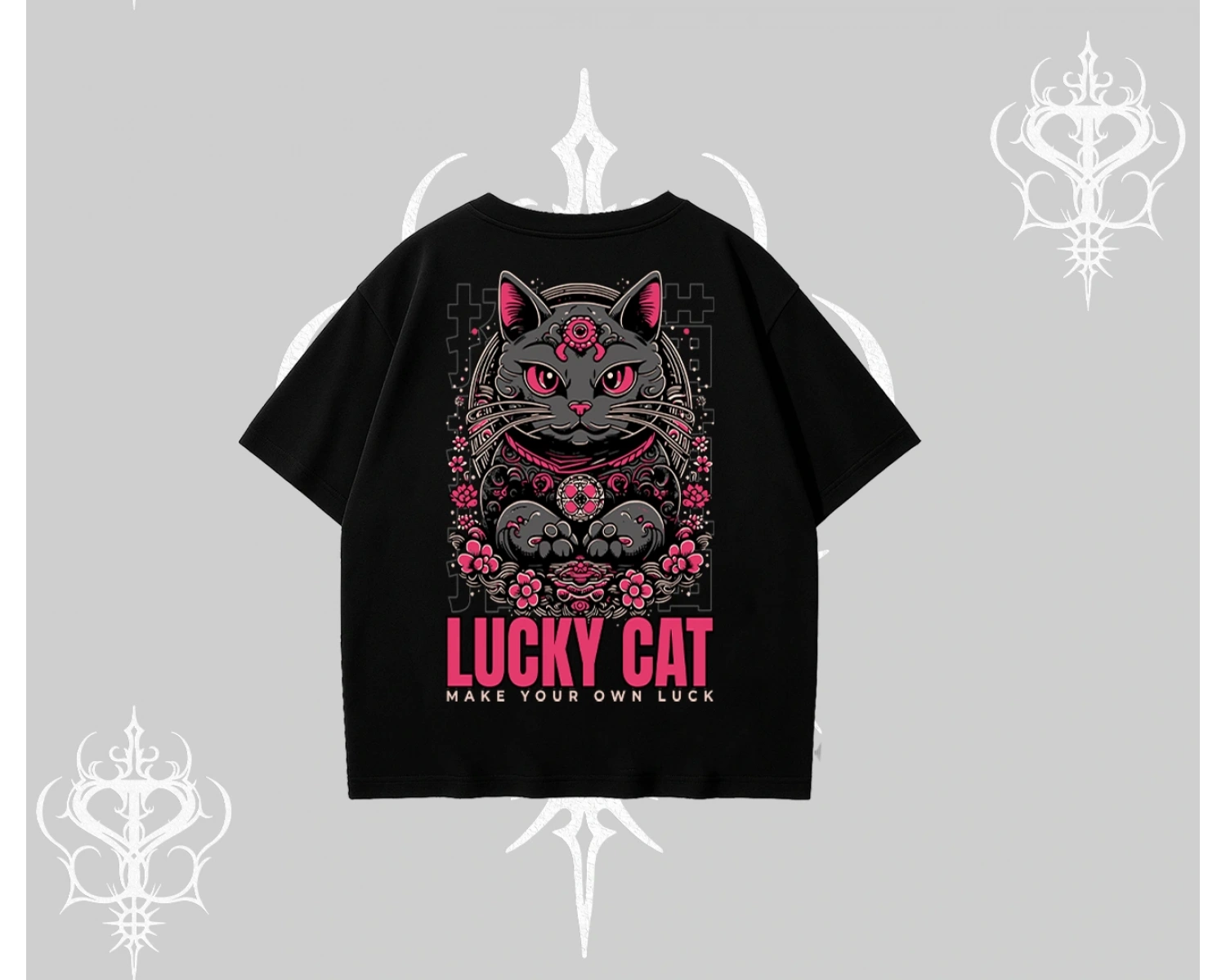 Lucky Cat Japon Tarzı Kedi Baskılı Oversize Tshirt