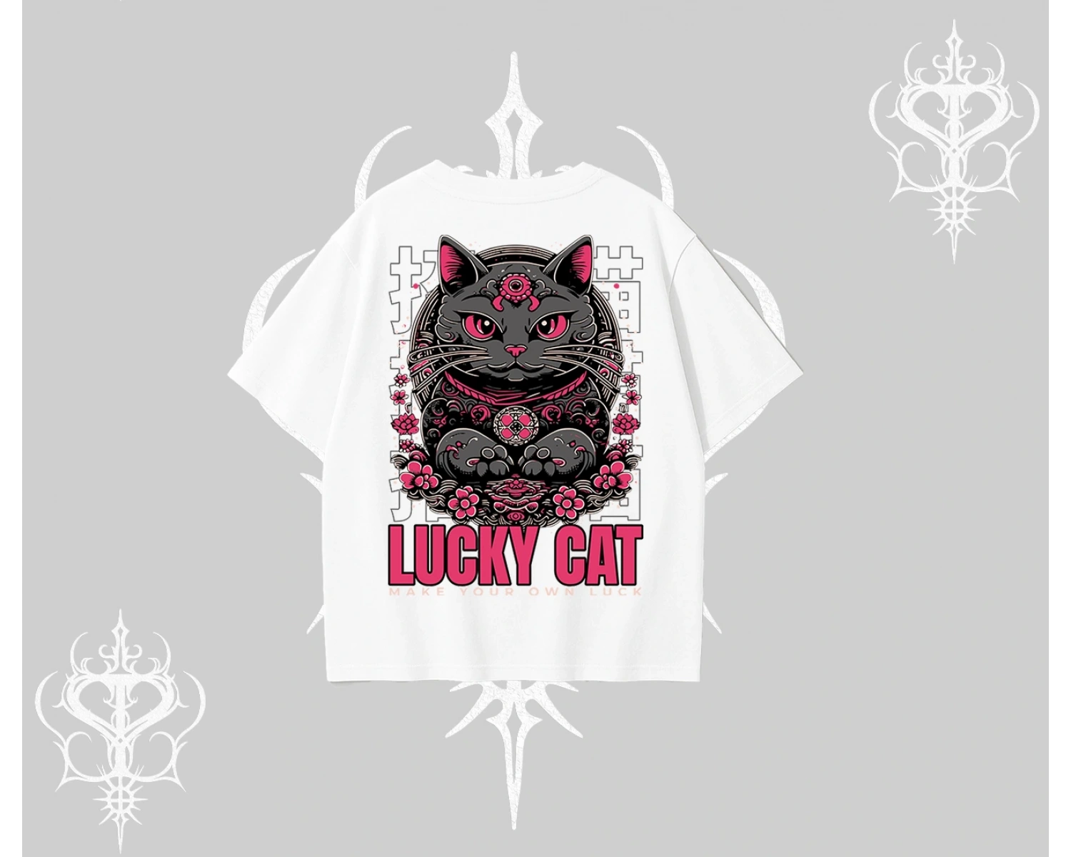 Lucky Cat Japon Tarzı Kedi Baskılı Oversize Tshirt