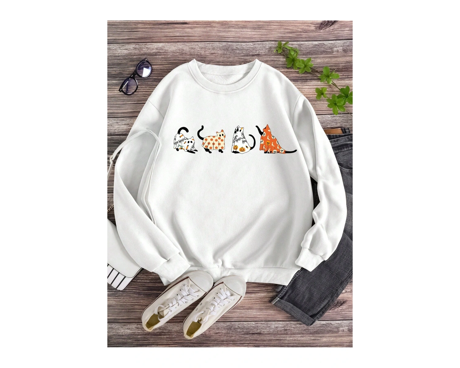 LUNE Cartoon Cat Print Lined Sweatshirt Beyaz